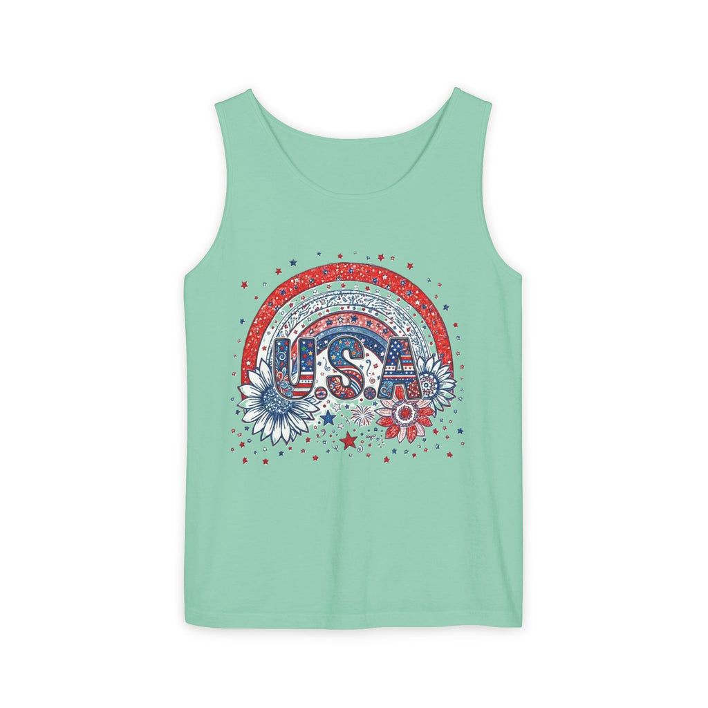 USA Rainbow Floral Tank Top — Patriotic 4th of July Sleeveless Tee