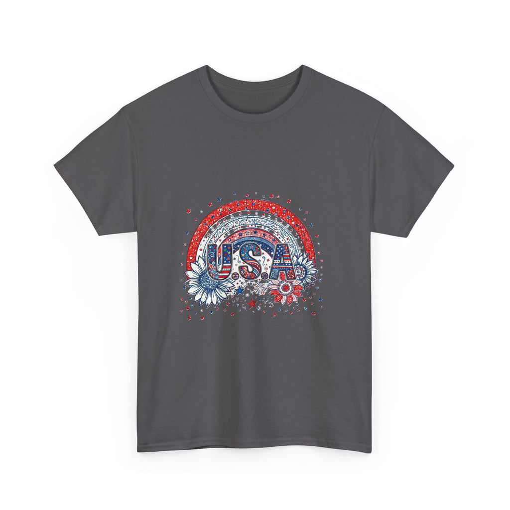 USA Retro Rainbow T-Shirt — Patriotic Fourth of July Tee with Stars & Flowers