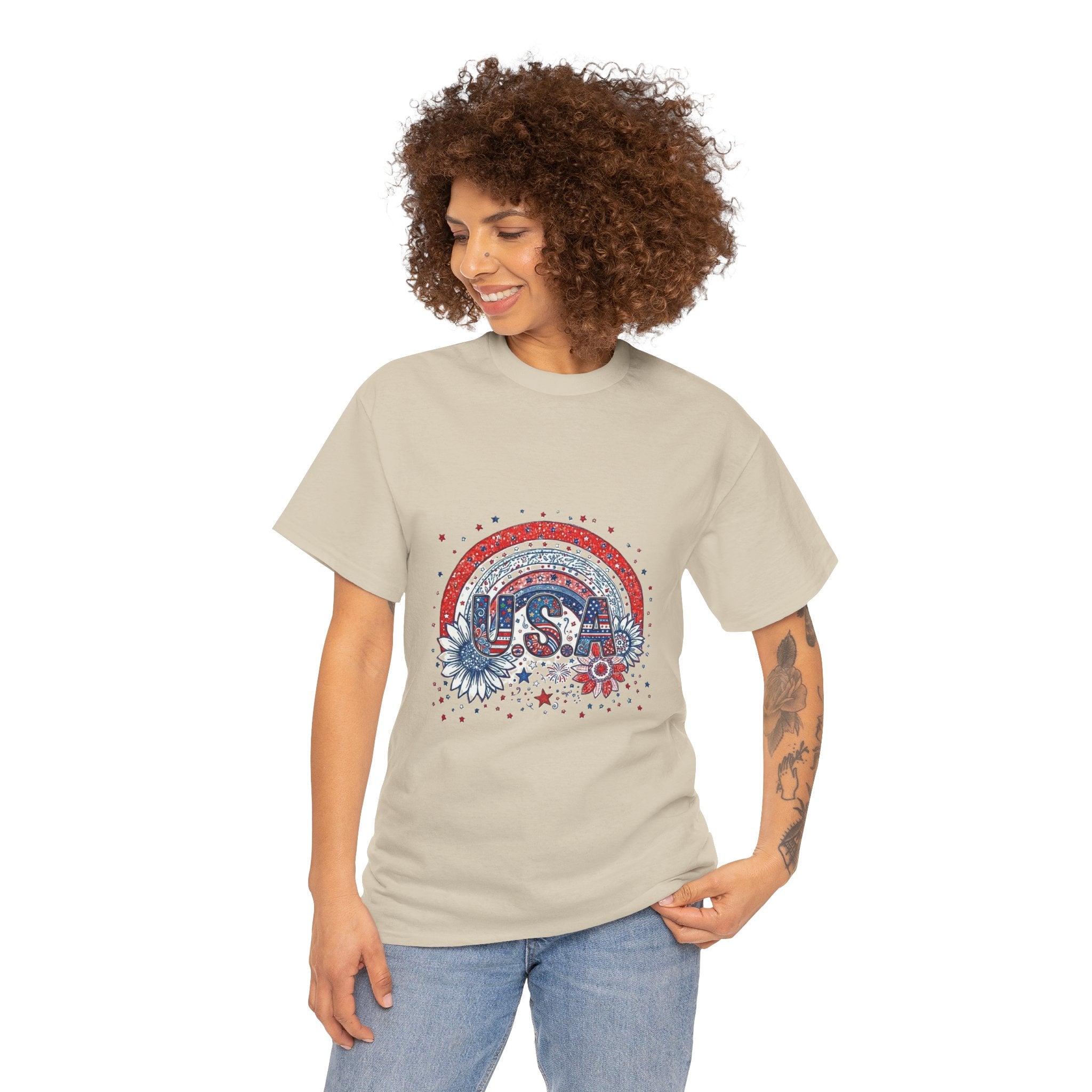 USA Retro Rainbow T-Shirt — Patriotic Fourth of July Tee with Stars & Flowers