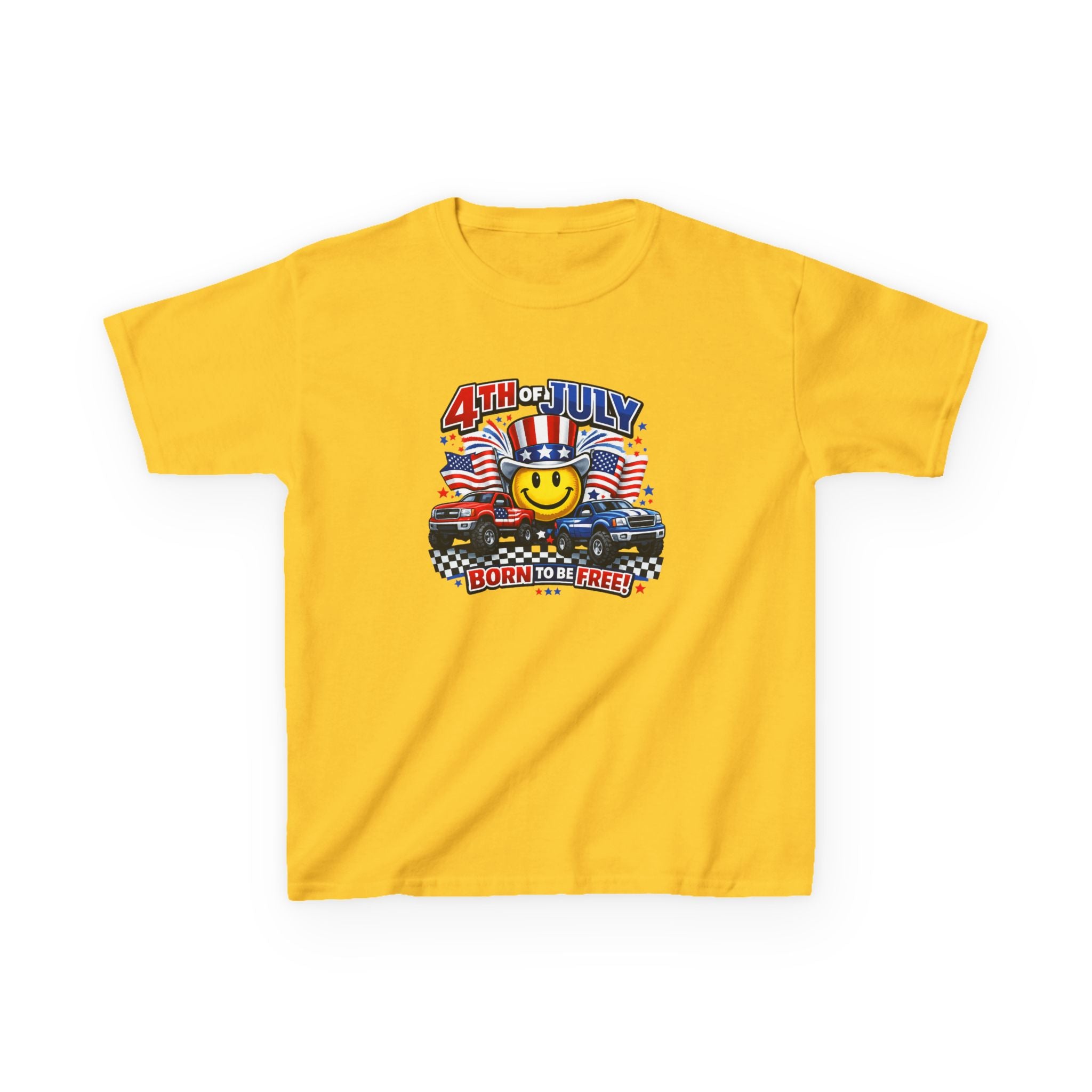Kids Tee — 4th of July 'Born to Be Free' Smiley Flag Design