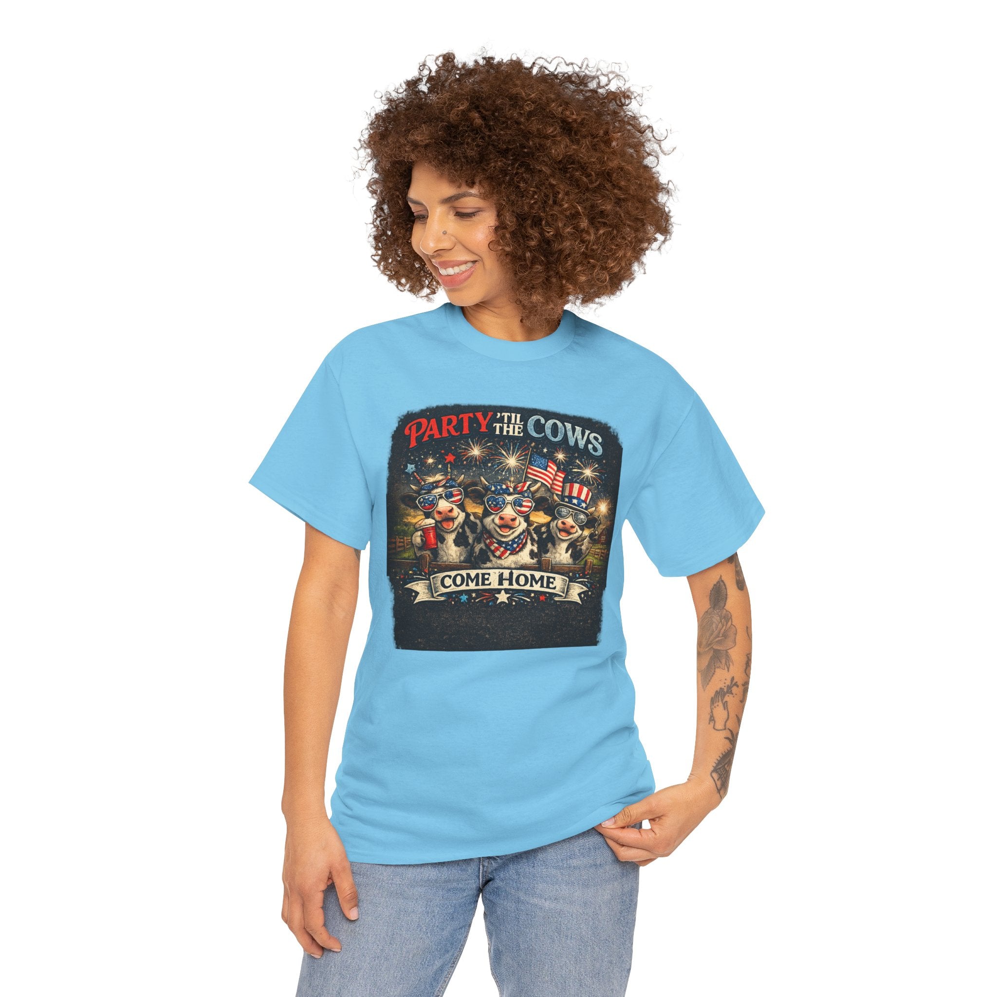 Independence Day 'Party 'Til the Cows Come Home' T-Shirt — Fireworks & Cow Graphic