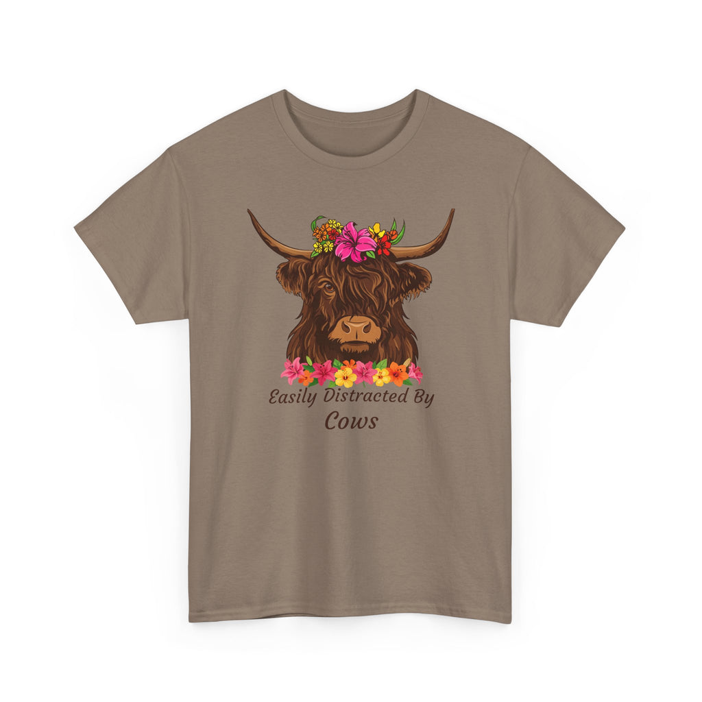 Highland Cow Floral Tee — "Easily Distracted by Cows" Cute Cow Graphic T-Shirt