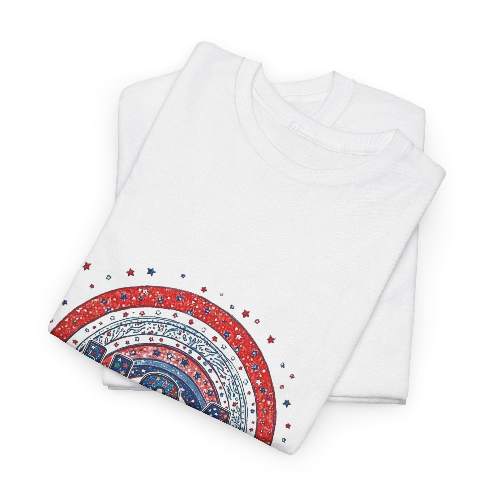 USA Retro Rainbow T-Shirt — Patriotic Fourth of July Tee with Stars & Flowers