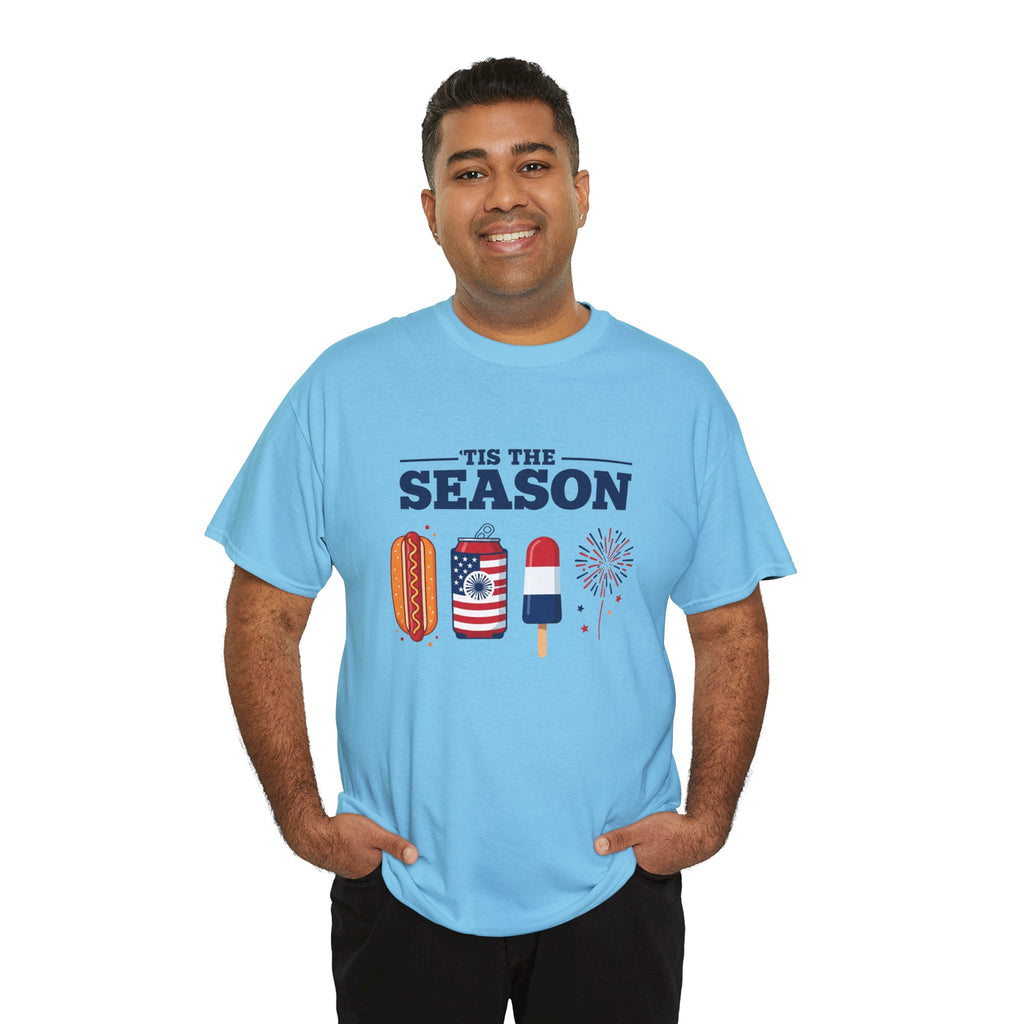 Fourth of July Tee — "'Tis the Season" Patriotic Hot Dog, Popsicle & Fireworks T-Shirt