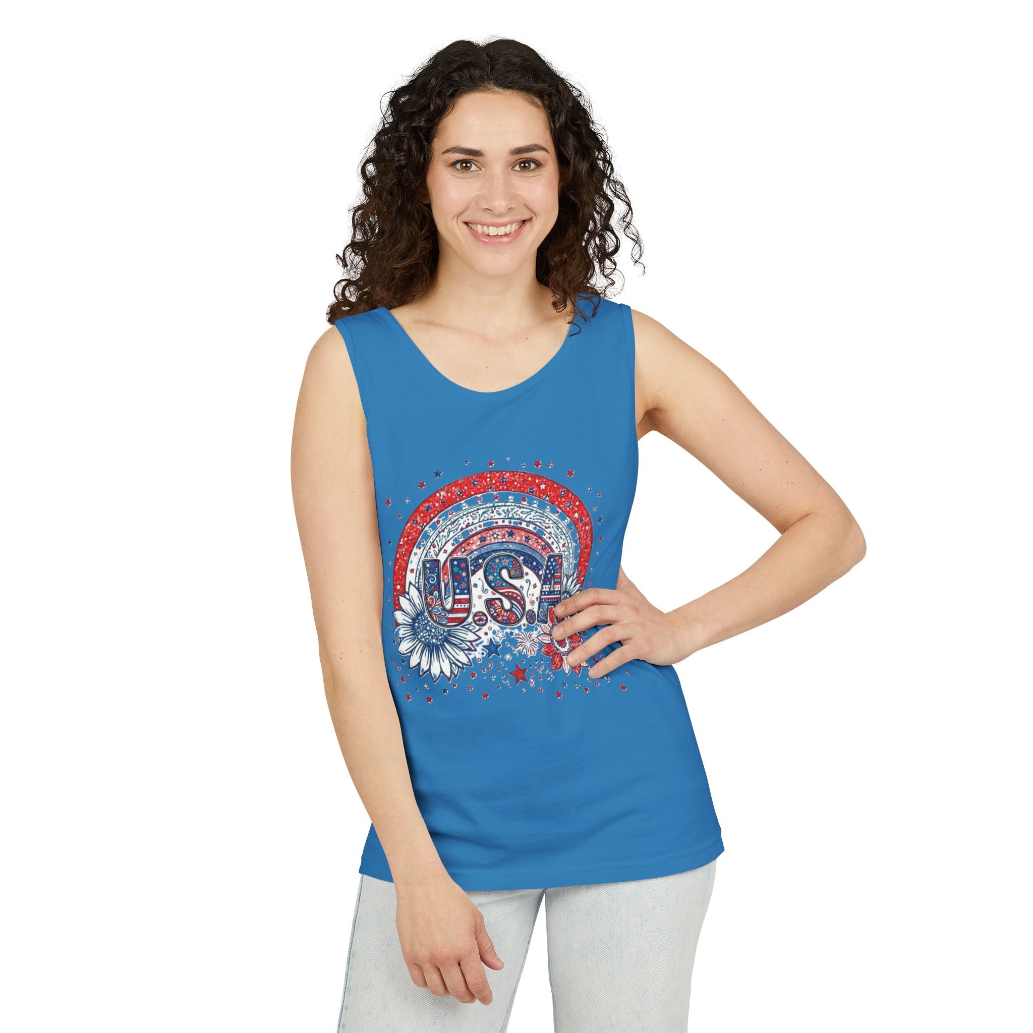 USA Rainbow Floral Tank Top — Patriotic 4th of July Sleeveless Tee