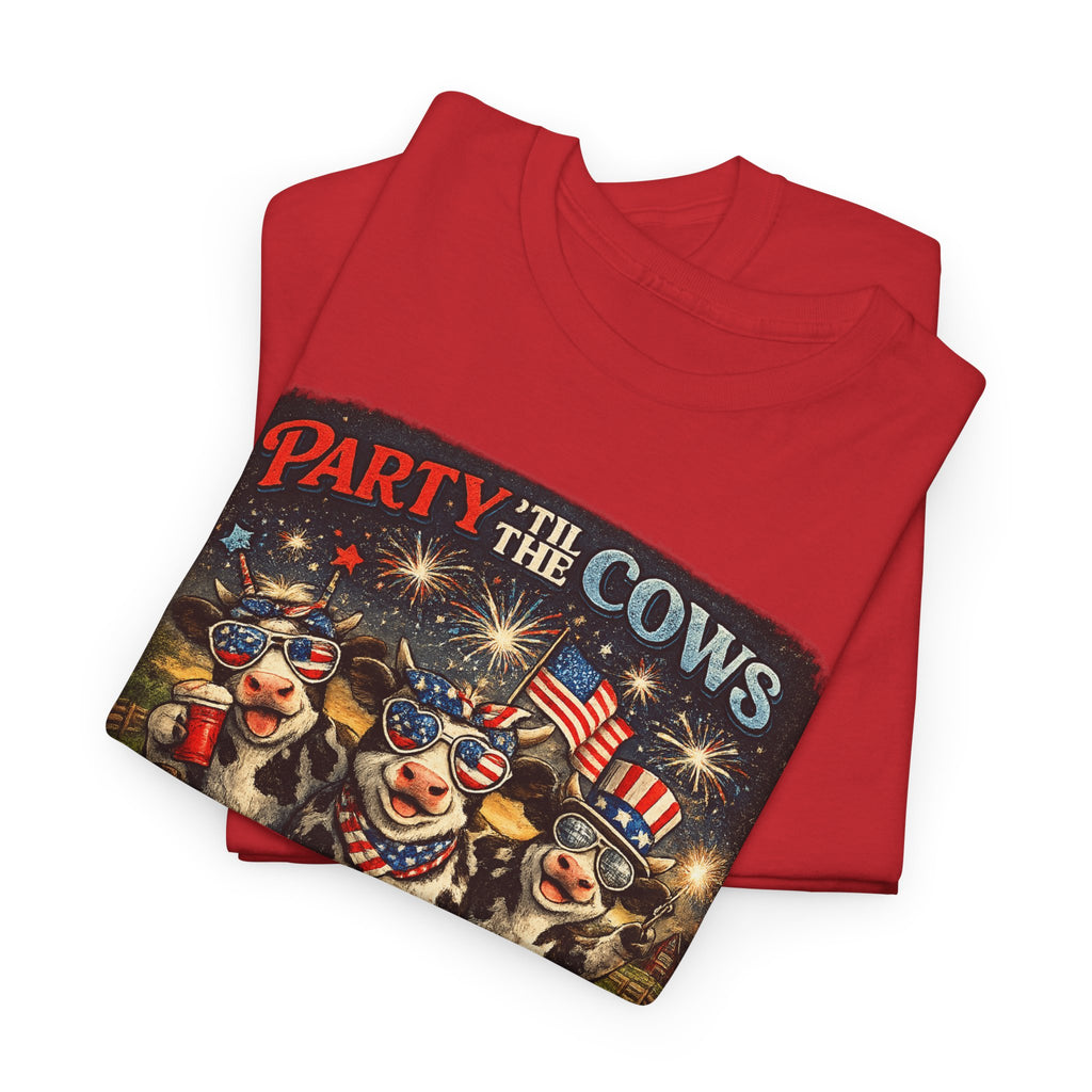 Independence Day 'Party 'Til the Cows Come Home' T-Shirt — Fireworks & Cow Graphic