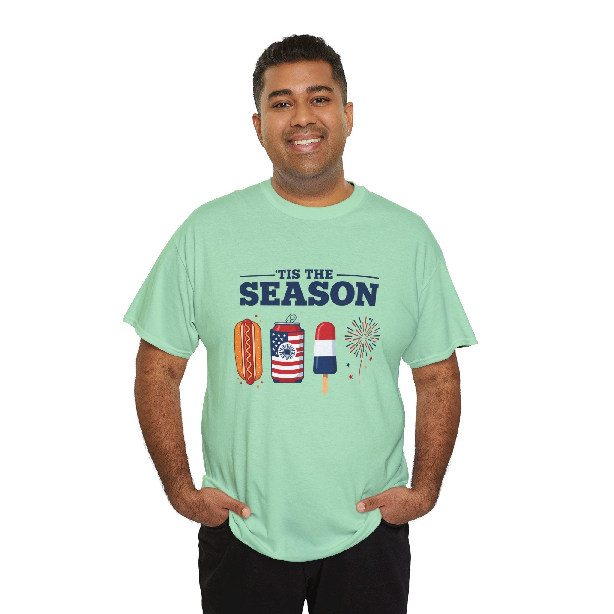 Fourth of July Tee — "'Tis the Season" Patriotic Hot Dog, Popsicle & Fireworks T-Shirt