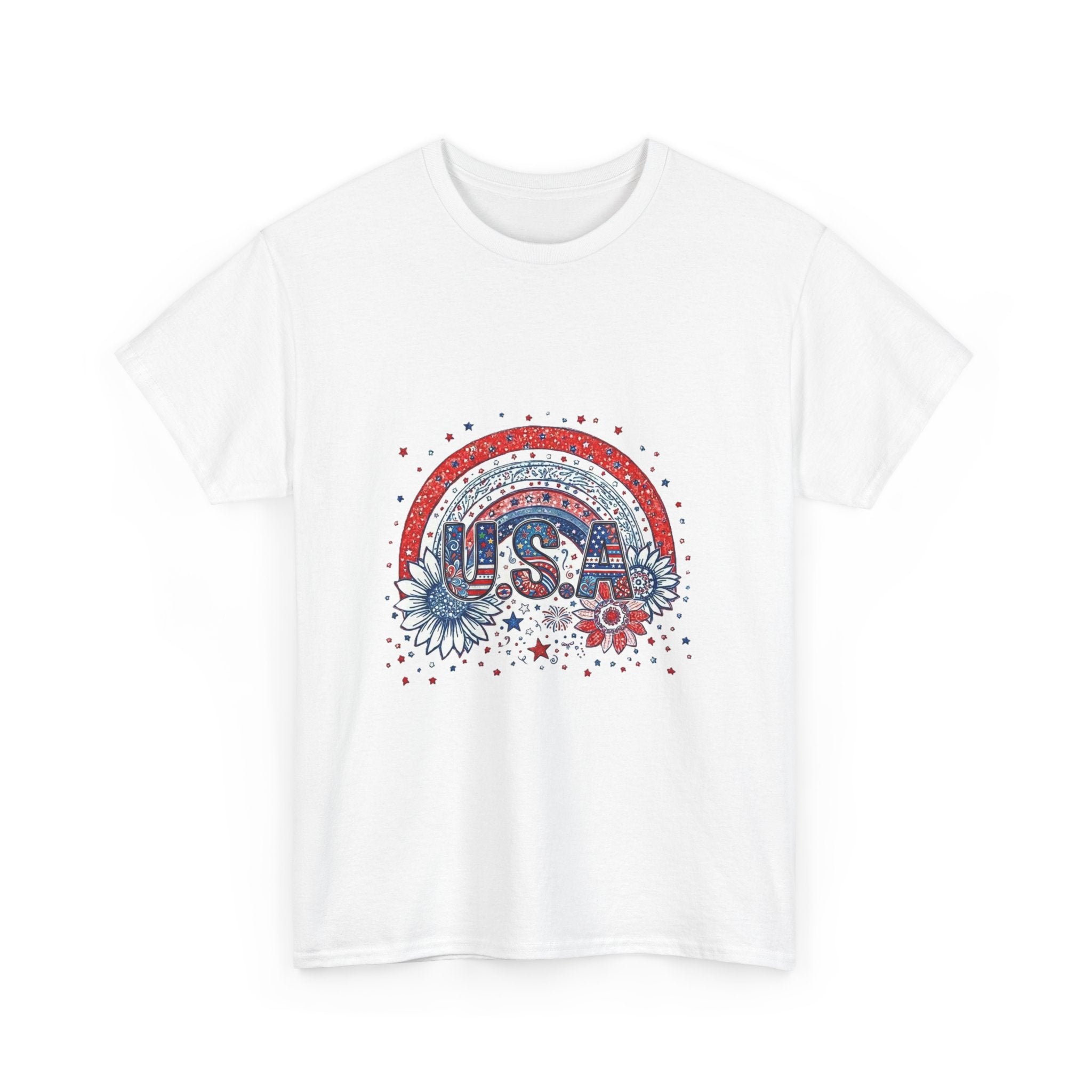 USA Retro Rainbow T-Shirt — Patriotic Fourth of July Tee with Stars & Flowers