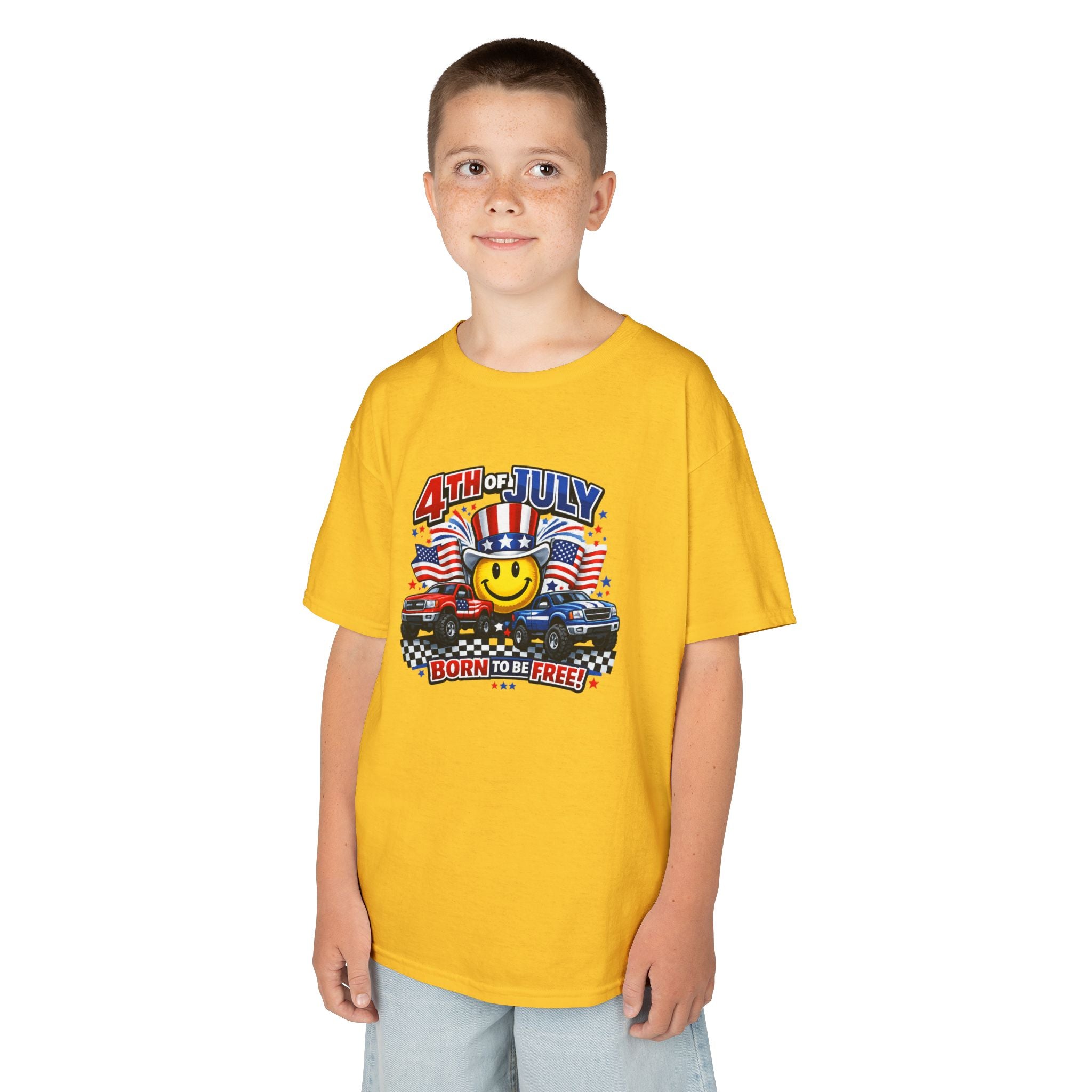 Kids Tee — 4th of July 'Born to Be Free' Smiley Flag Design