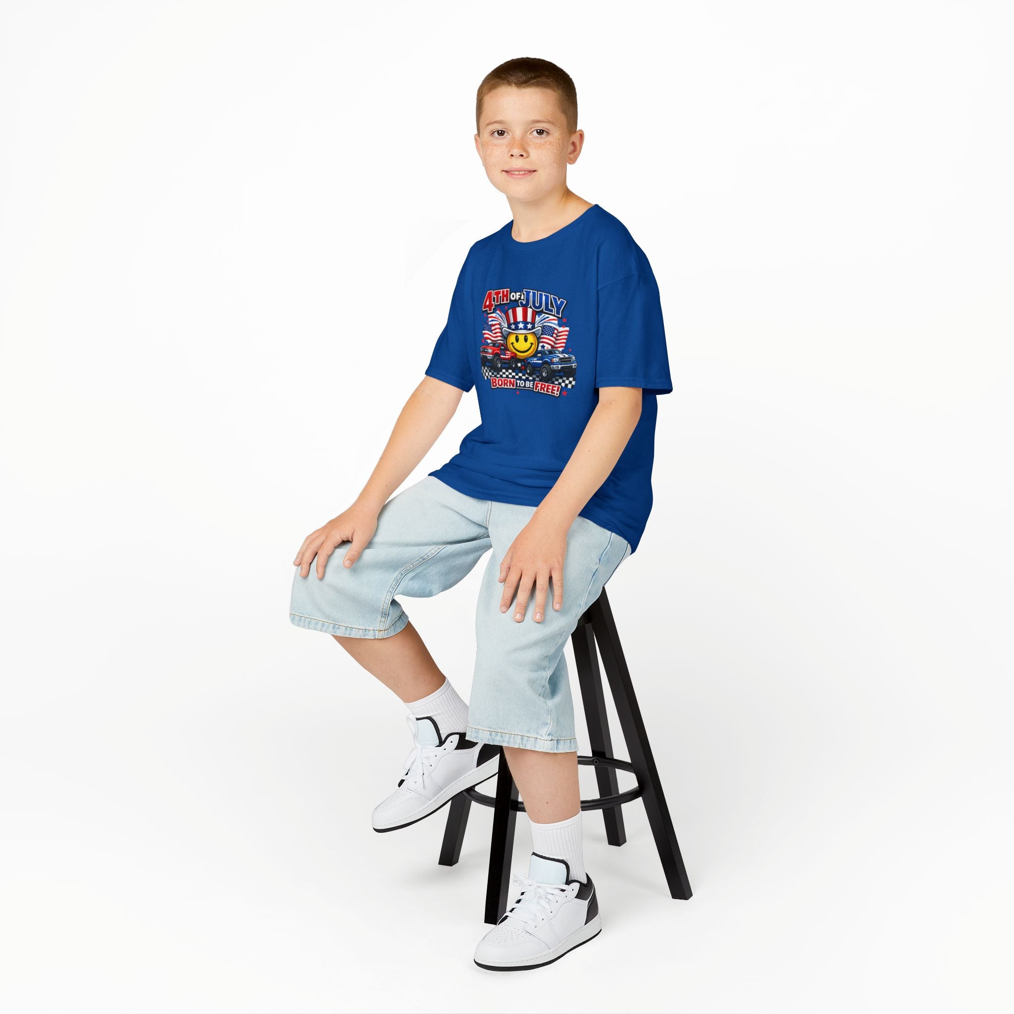 Kids Tee — 4th of July 'Born to Be Free' Smiley Flag Design