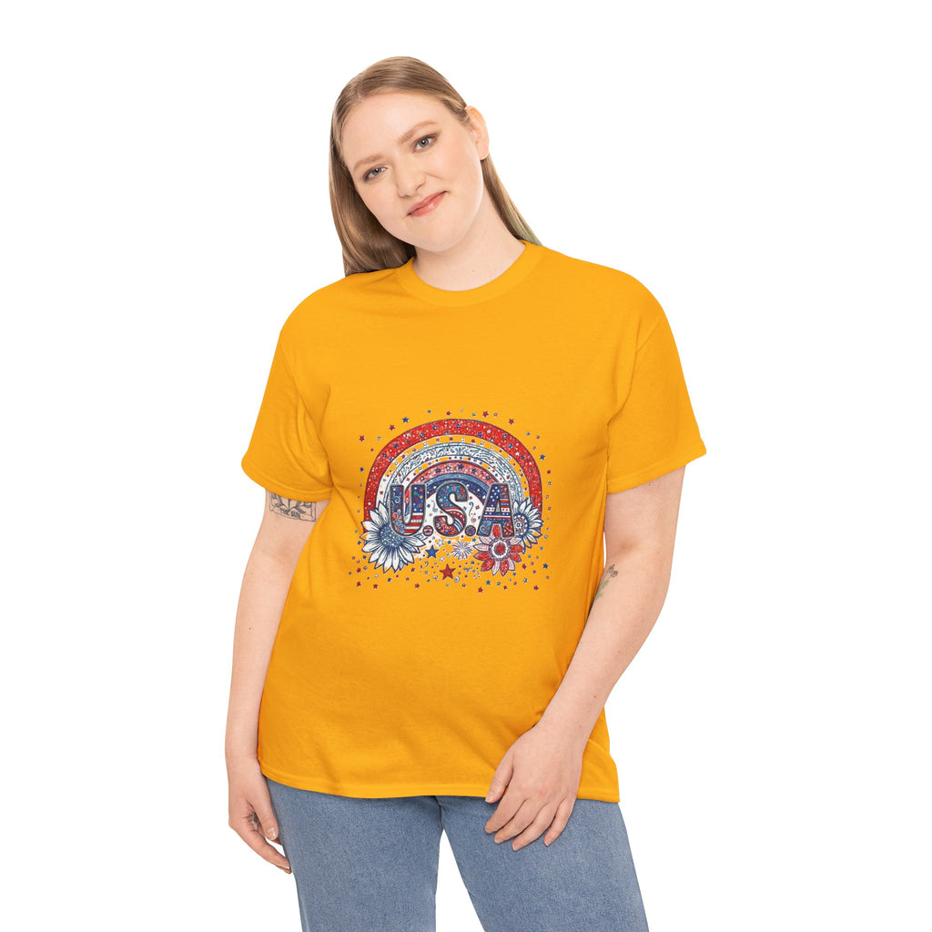 USA Retro Rainbow T-Shirt — Patriotic Fourth of July Tee with Stars & Flowers