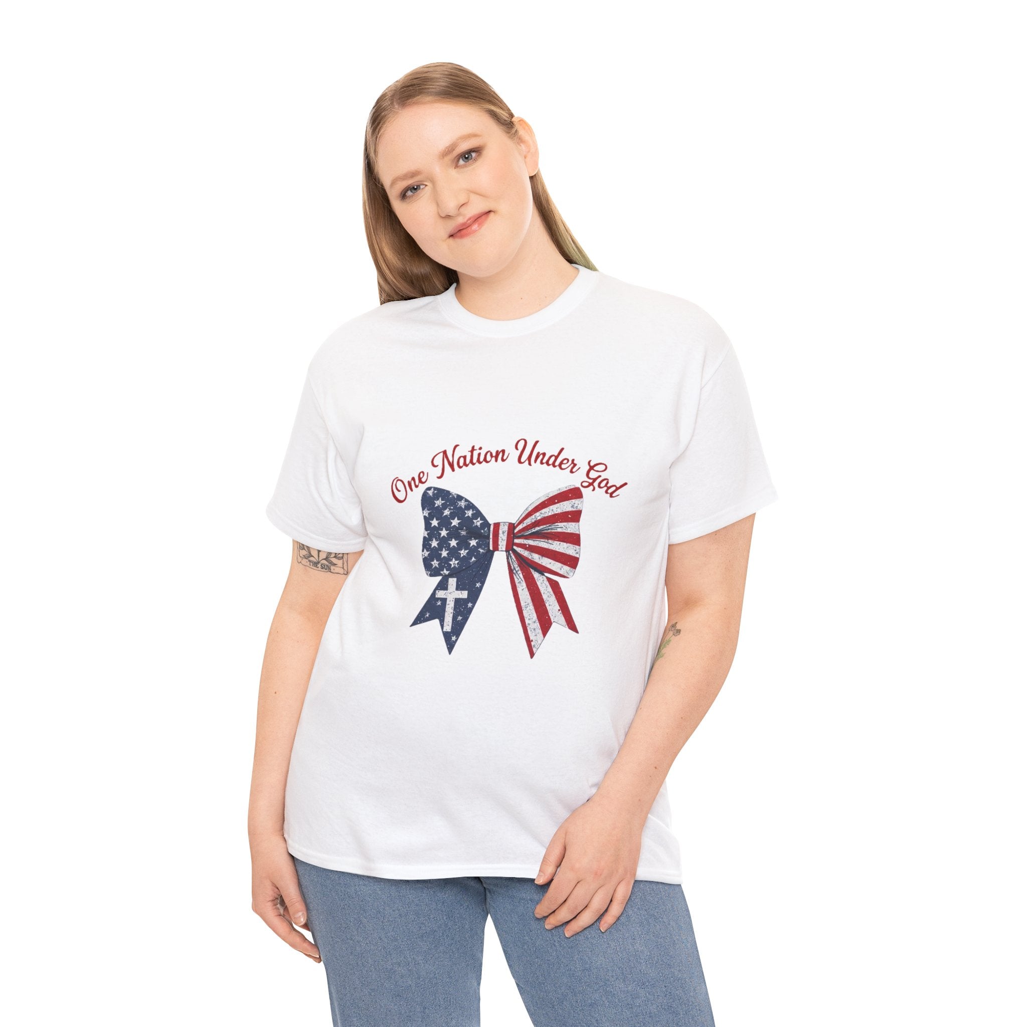 Patriotic Bow Tee — "One Nation Under God" American Flag Cross T-Shirt