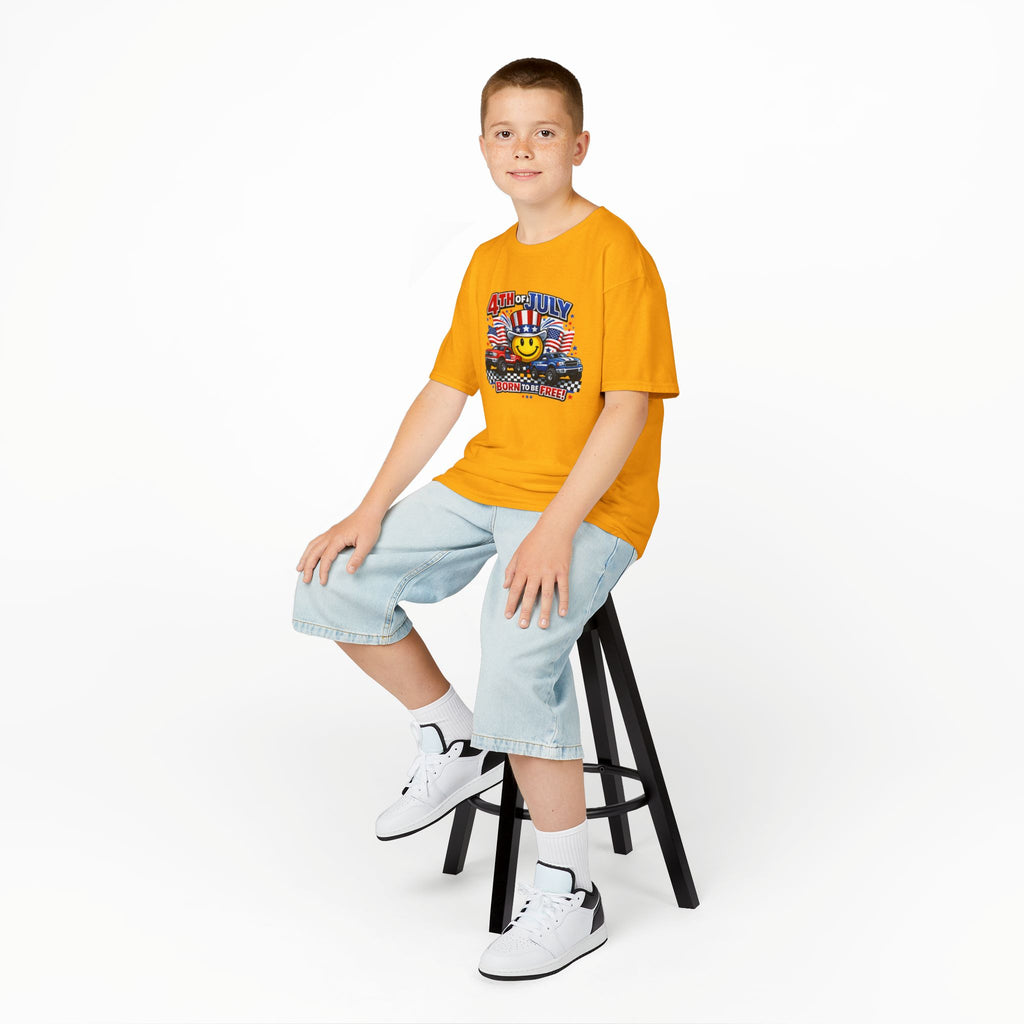 Kids Tee — 4th of July 'Born to Be Free' Smiley Flag Design