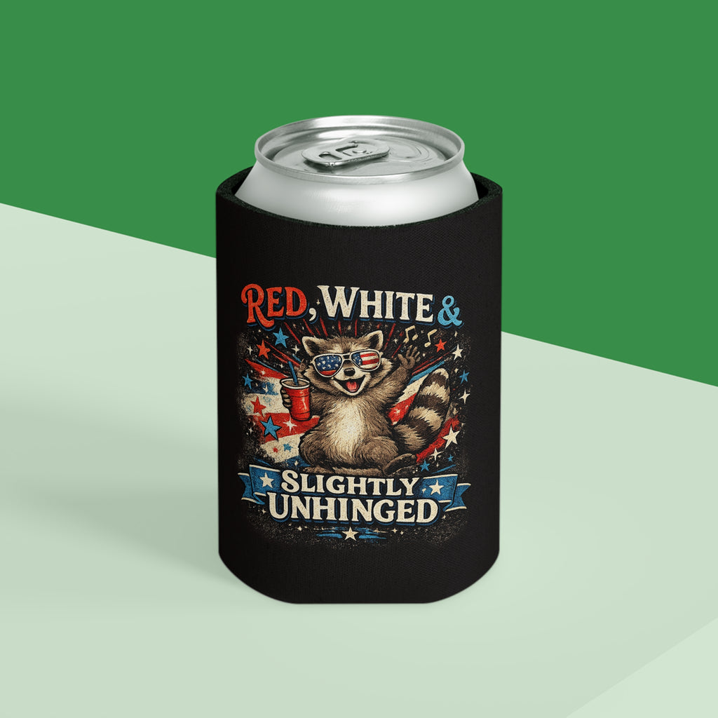 Can Cooler - "Red, White & Slightly Unhinged" Patriotic Raccoon Beer Koozie