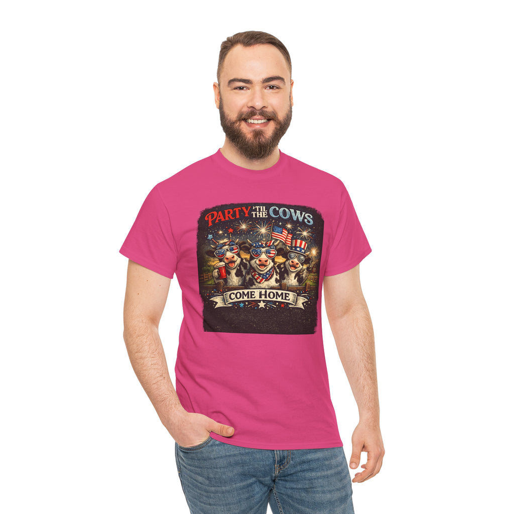 Independence Day 'Party 'Til the Cows Come Home' T-Shirt — Fireworks & Cow Graphic