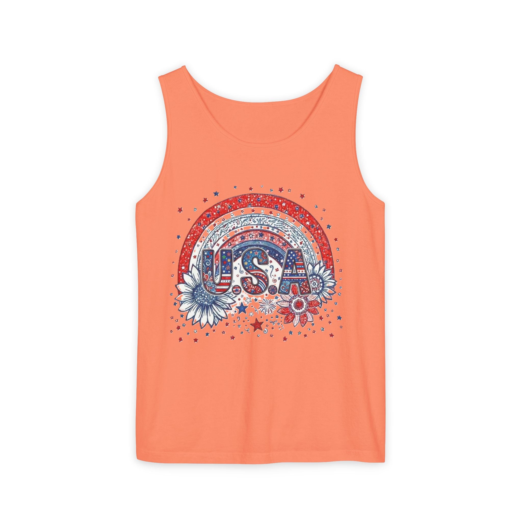 USA Rainbow Floral Tank Top — Patriotic 4th of July Sleeveless Tee
