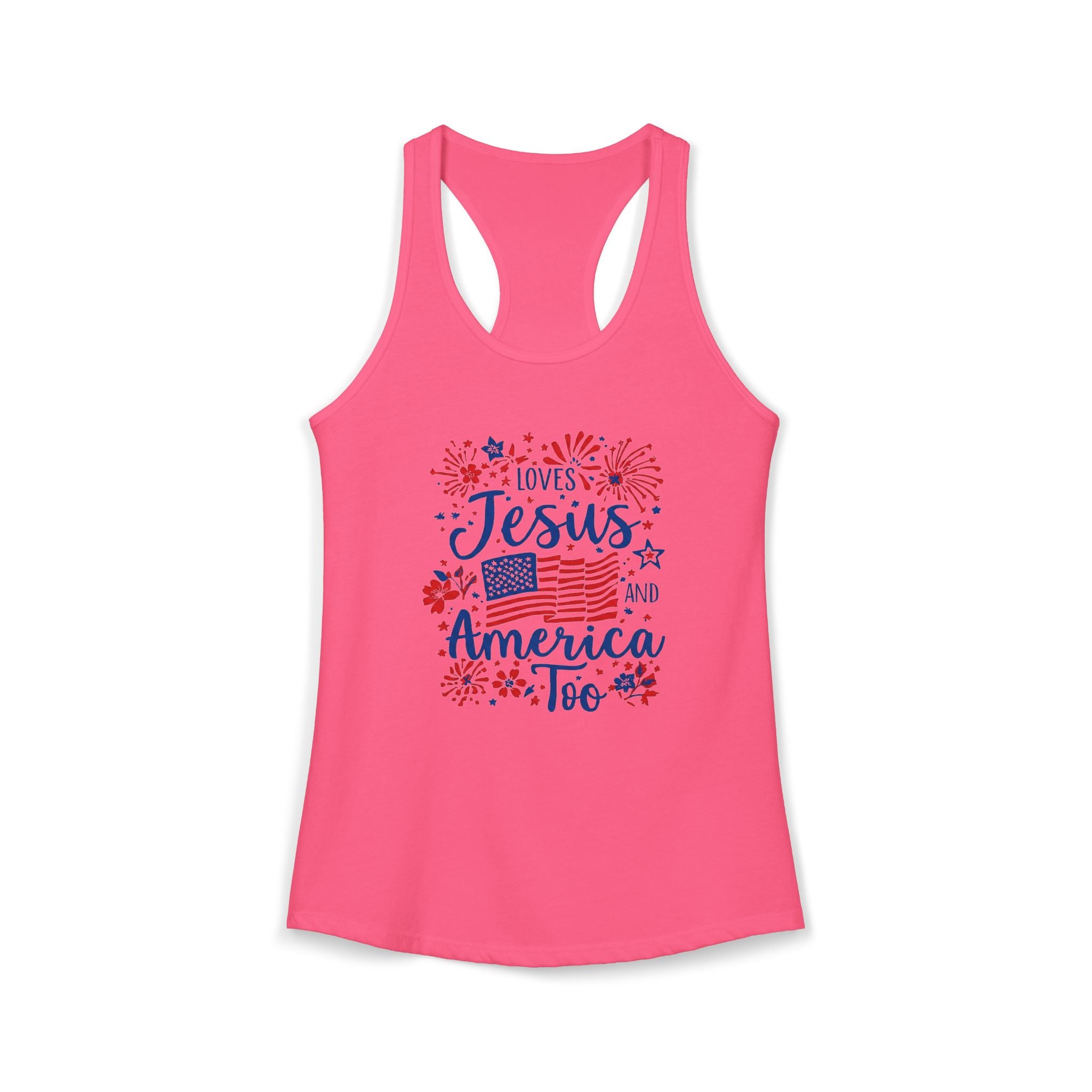 Loves Jesus and America Too Racerback Tank — Patriotic Christian Women's Tank
