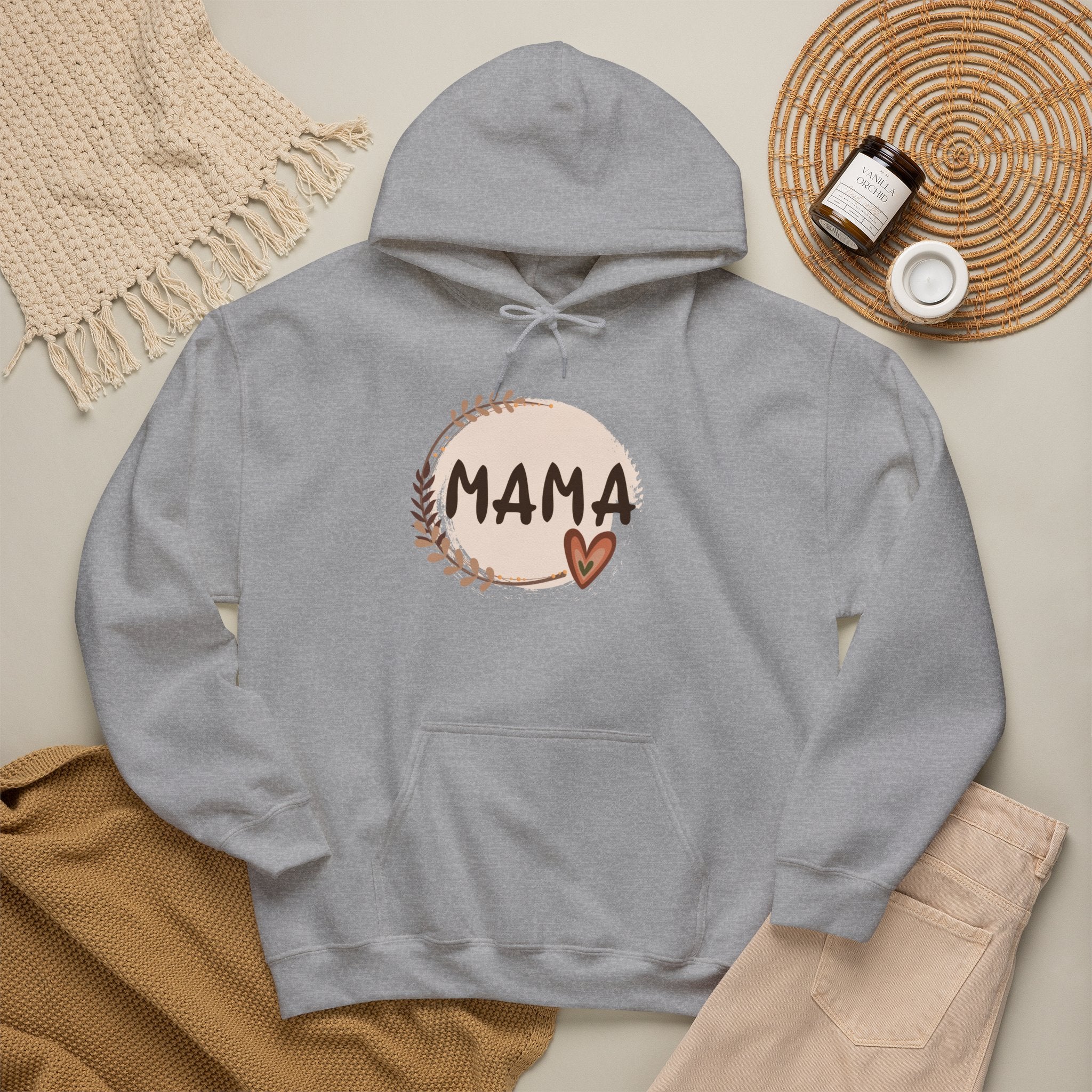 Mama Heart Hoodie — Soft Neutral Mom Sweatshirt, 'MAMA' Script with Heart & Wreath (Mother’s Day Gift)