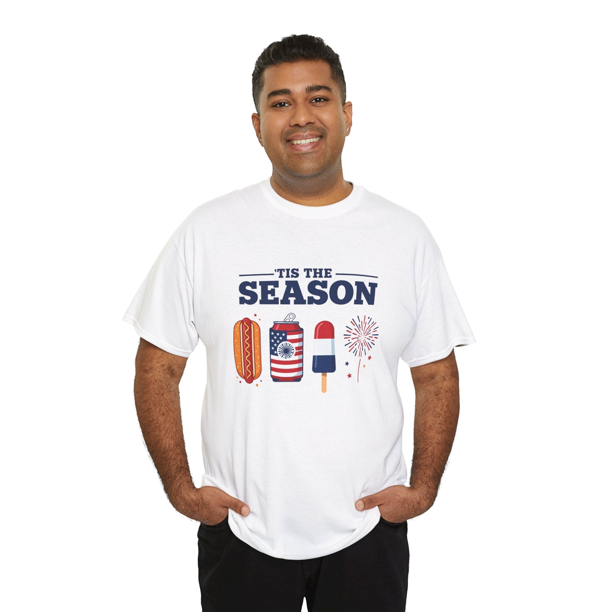 Fourth of July Tee — "'Tis the Season" Patriotic Hot Dog, Popsicle & Fireworks T-Shirt
