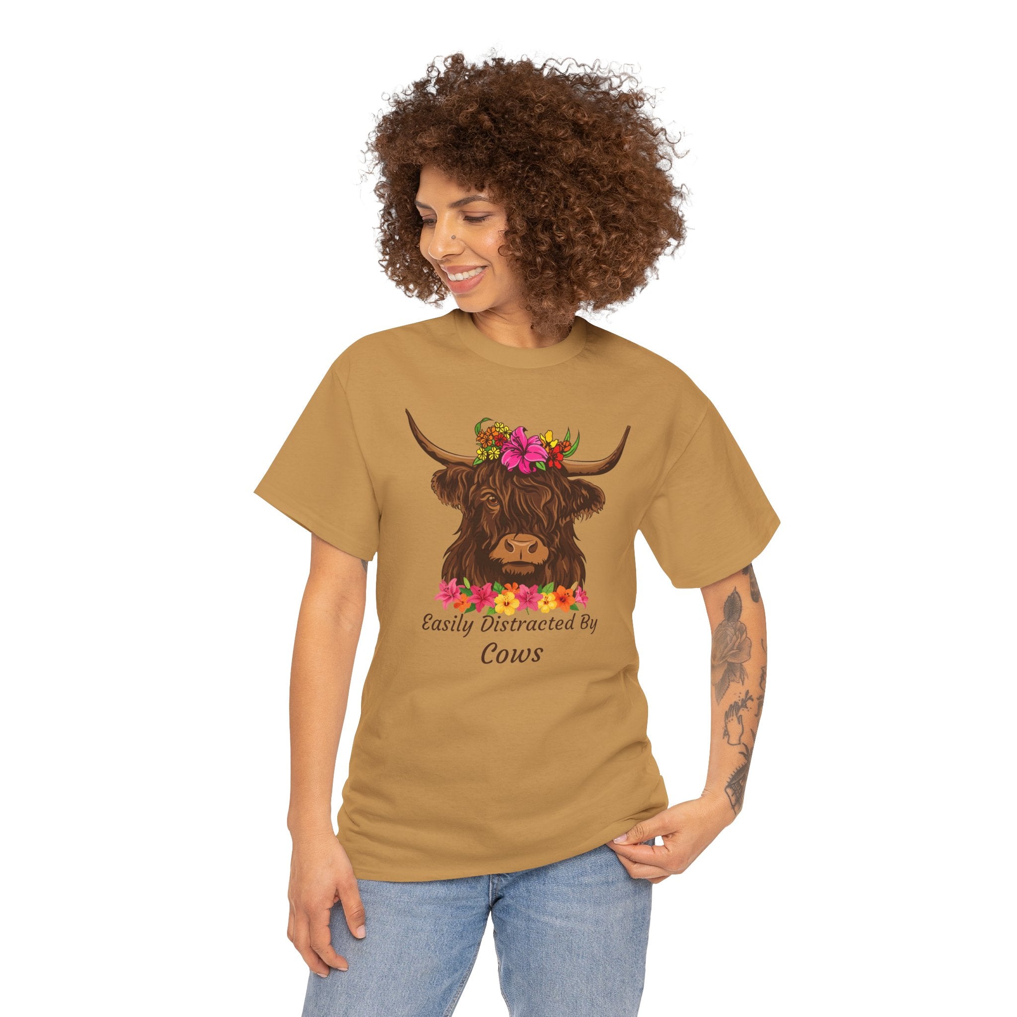 Highland Cow Floral Tee — "Easily Distracted by Cows" Cute Cow Graphic T-Shirt