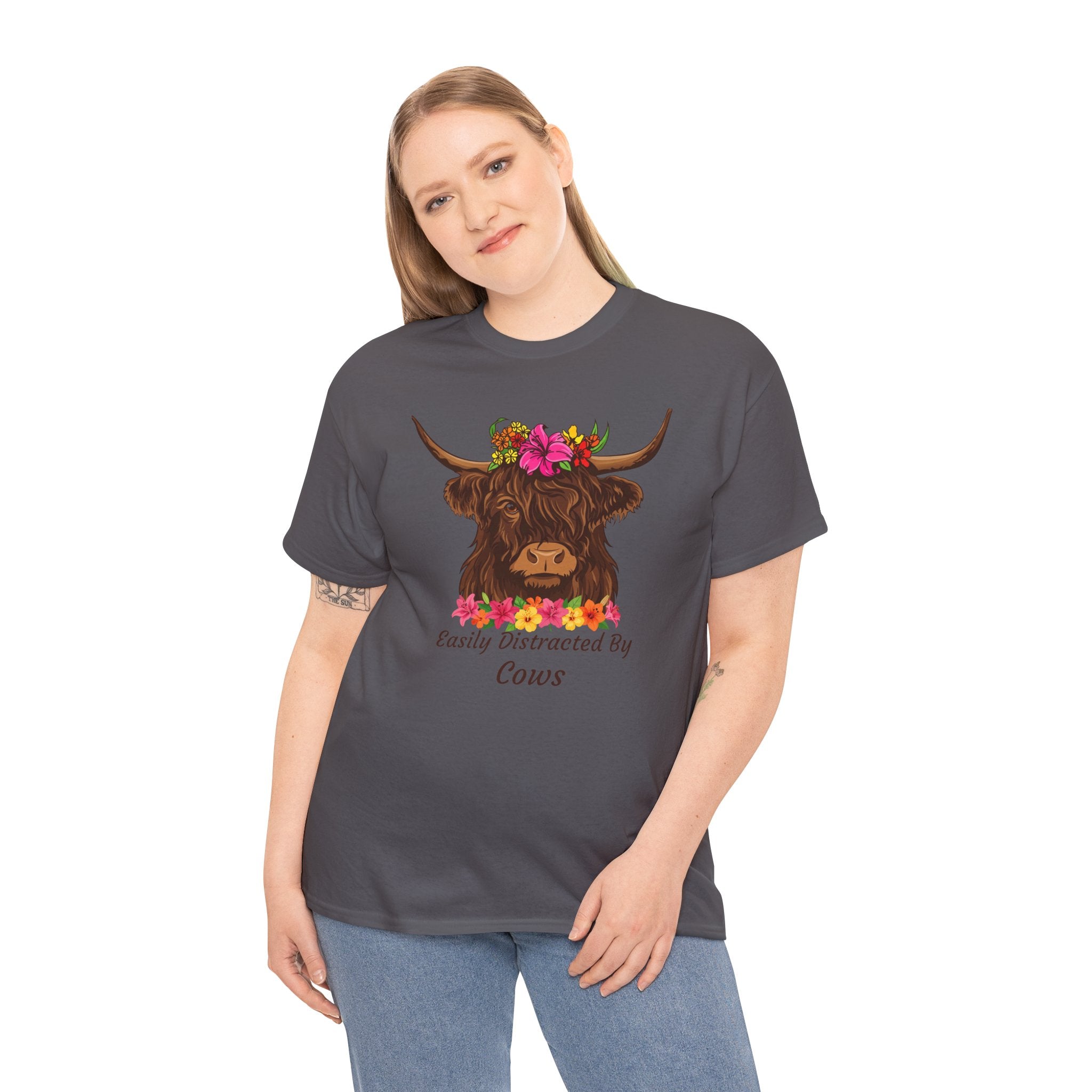 Highland Cow Floral Tee — "Easily Distracted by Cows" Cute Cow Graphic T-Shirt