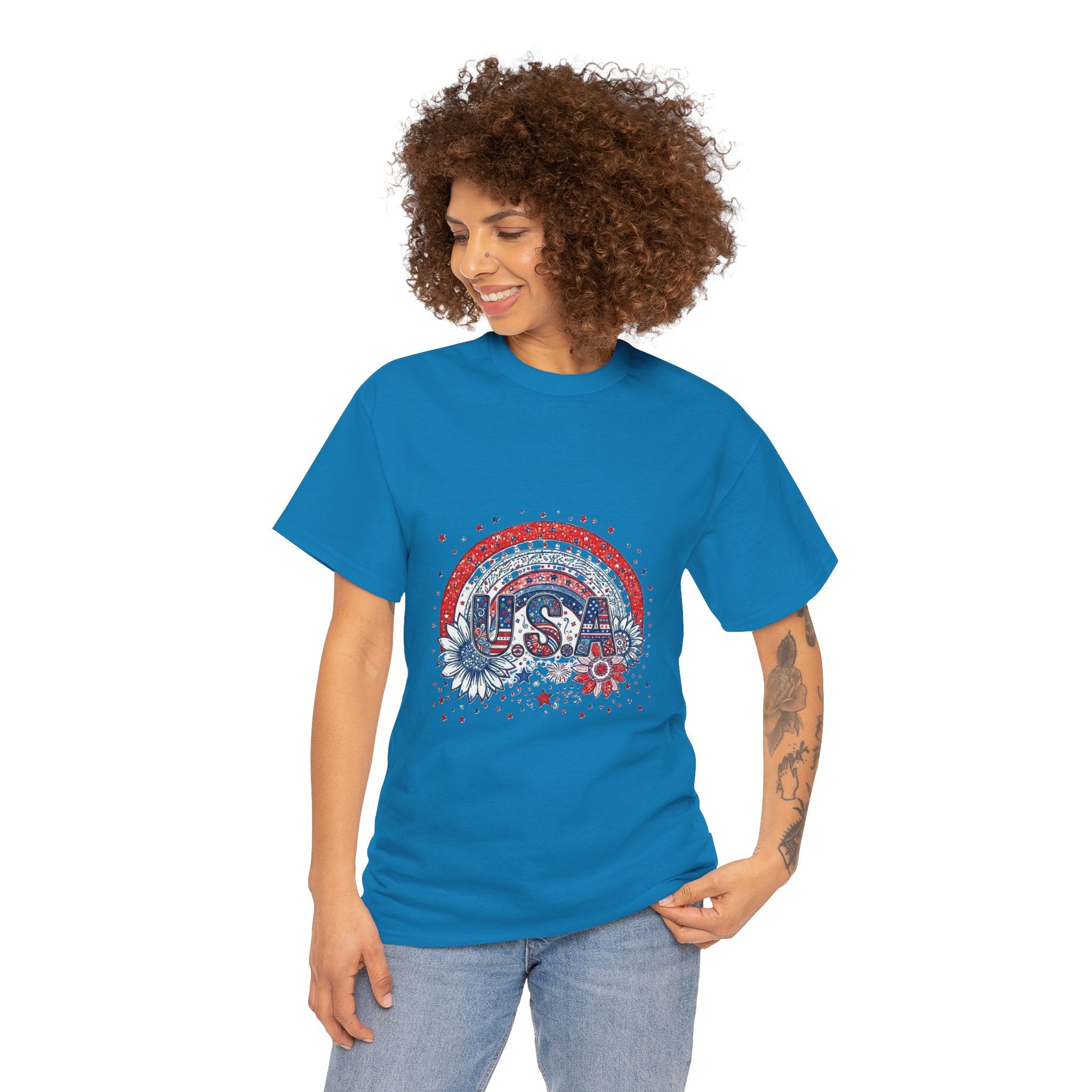 USA Retro Rainbow T-Shirt — Patriotic Fourth of July Tee with Stars & Flowers