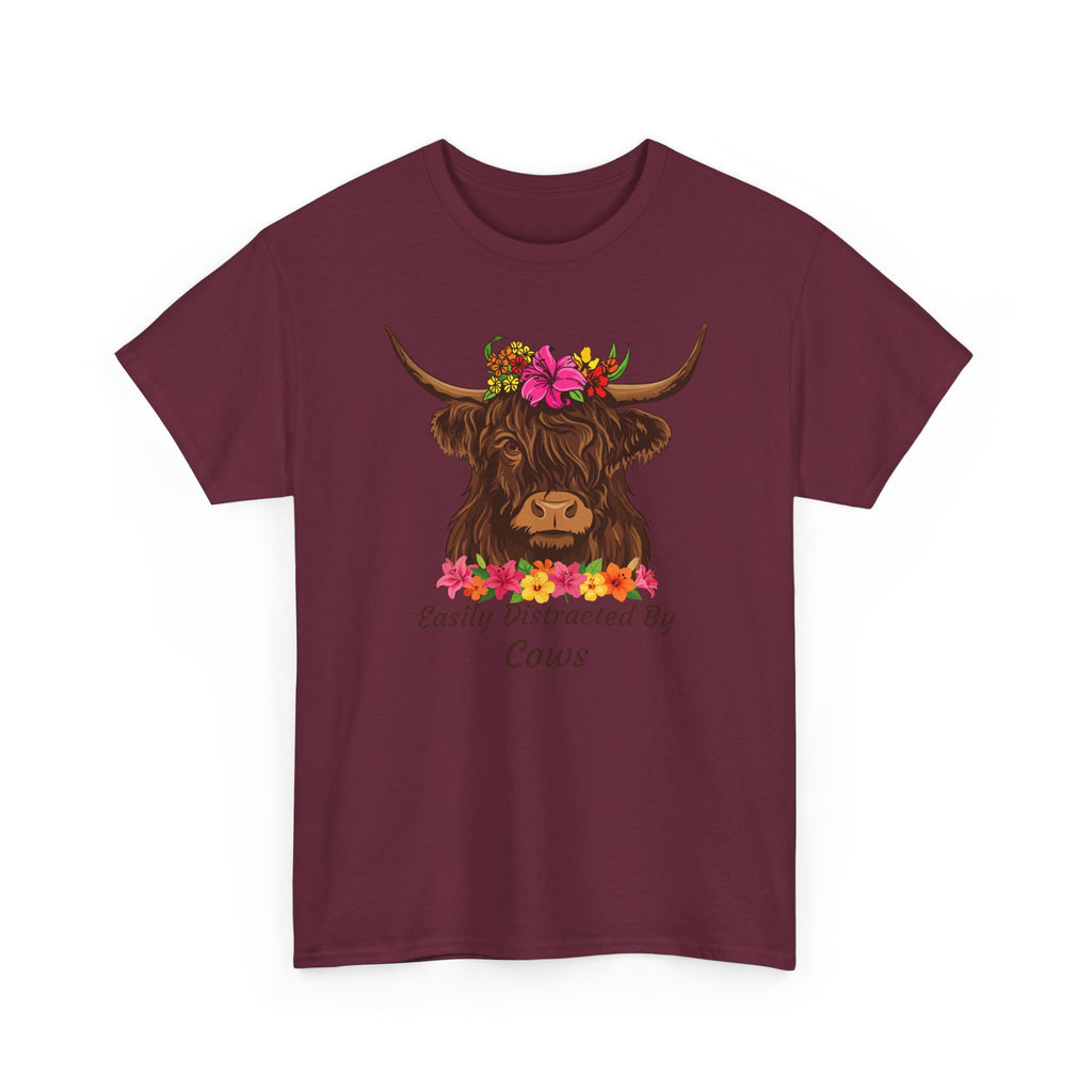 Highland Cow Floral Tee — "Easily Distracted by Cows" Cute Cow Graphic T-Shirt