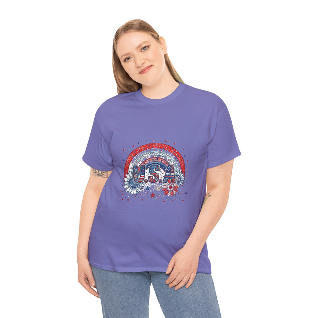 USA Retro Rainbow T-Shirt — Patriotic Fourth of July Tee with Stars & Flowers