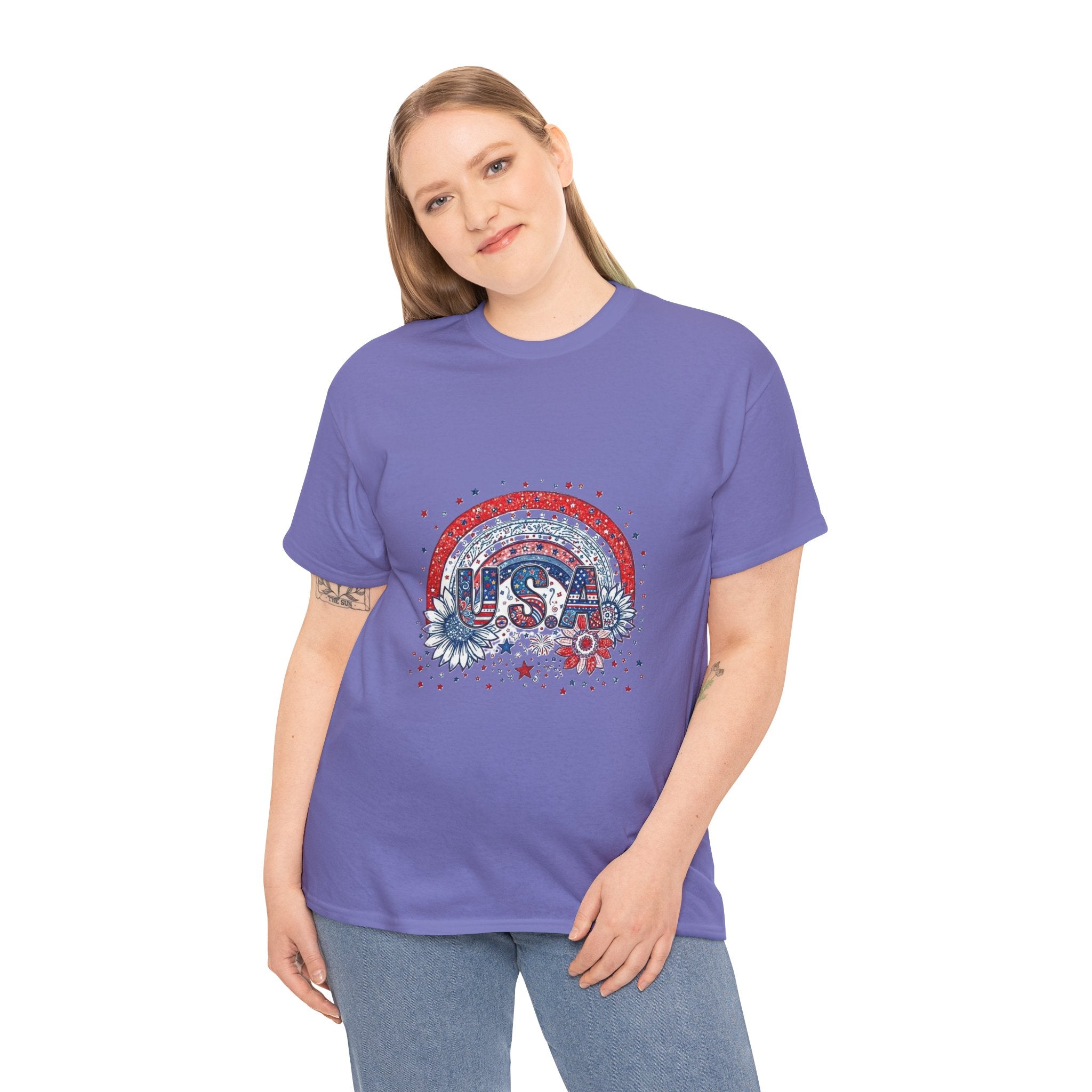 USA Retro Rainbow T-Shirt — Patriotic Fourth of July Tee with Stars & Flowers
