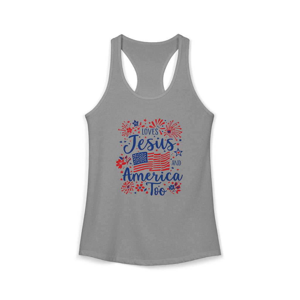 Loves Jesus and America Too Racerback Tank — Patriotic Christian Women's Tank