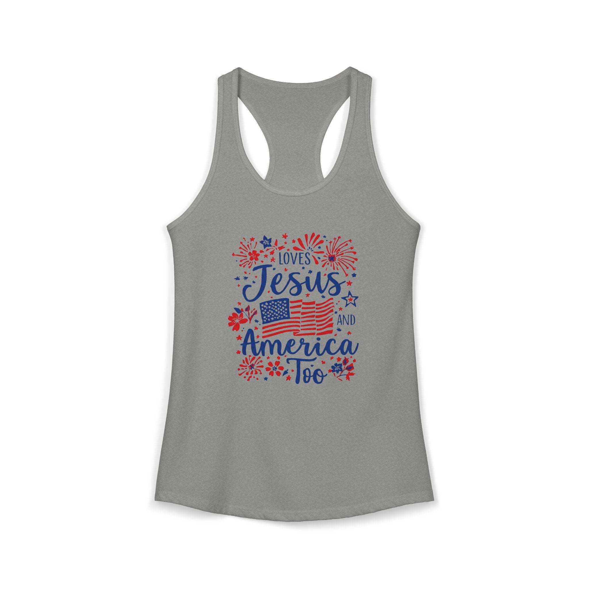 Loves Jesus and America Too Racerback Tank — Patriotic Christian Women's Tank