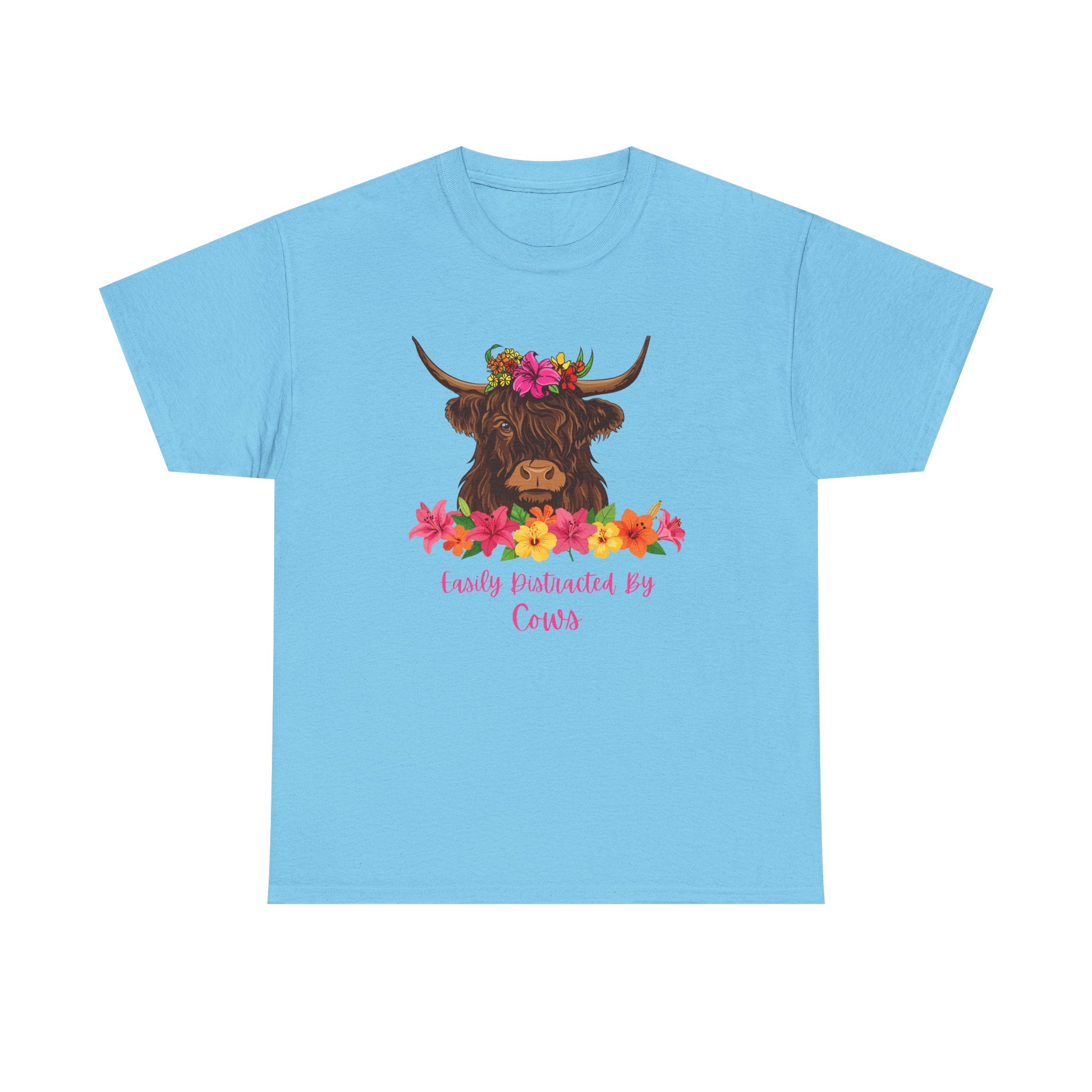 Cow Mom Floral Tee — 'Easily Distracted By Cows' Highland Cow Graphic Shirt