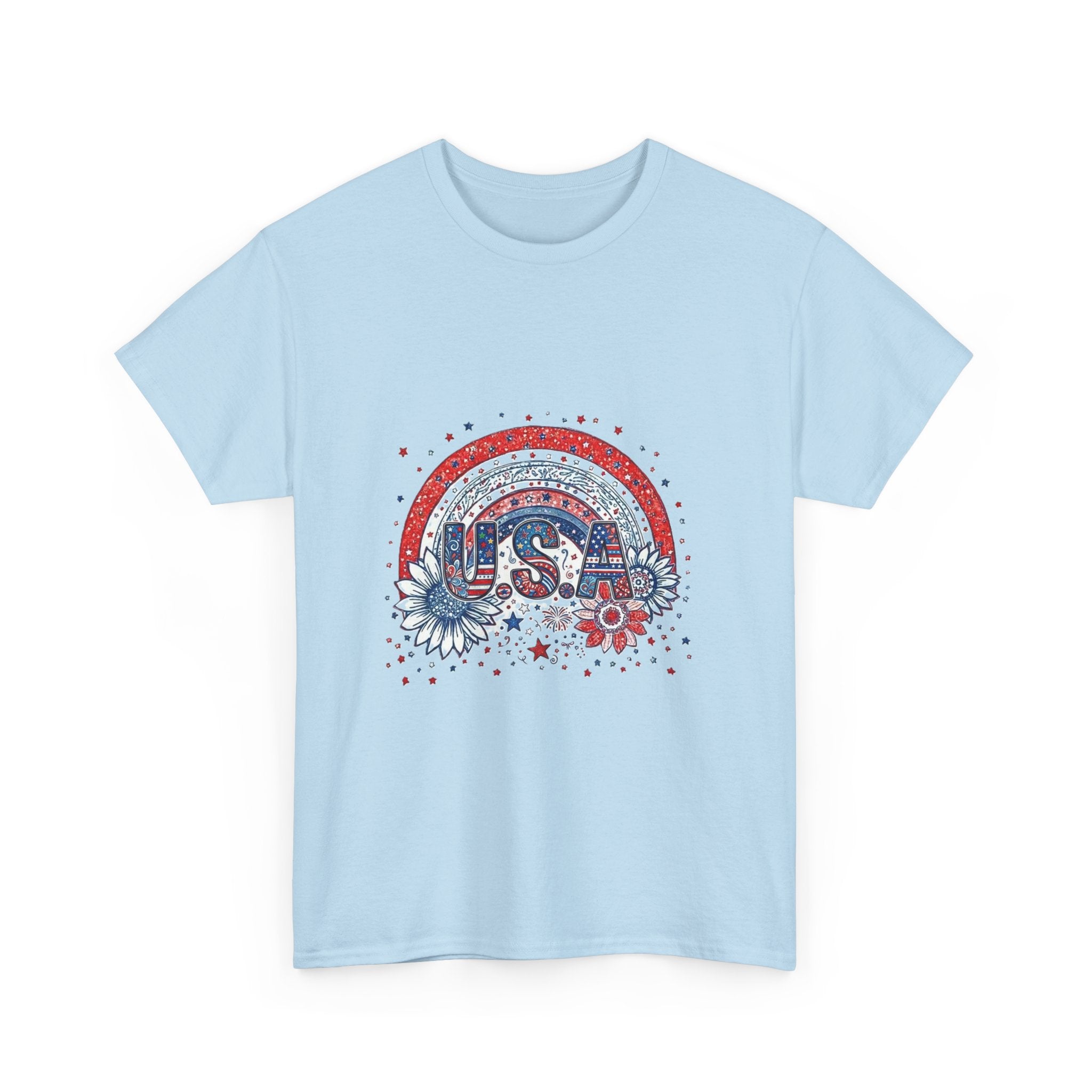 USA Retro Rainbow T-Shirt — Patriotic Fourth of July Tee with Stars & Flowers