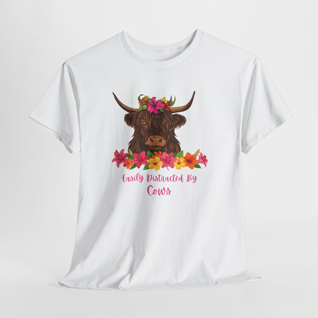 Cow Mom Floral Tee — 'Easily Distracted By Cows' Highland Cow Graphic Shirt