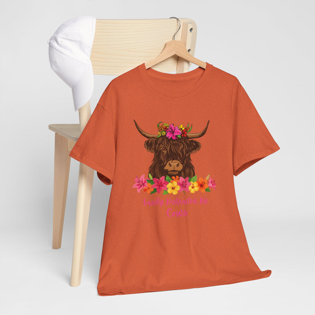 Cow Mom Floral Tee — 'Easily Distracted By Cows' Highland Cow Graphic Shirt