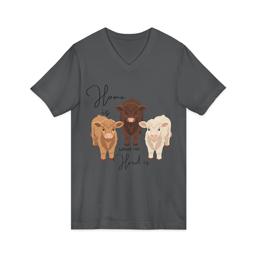Cow Trio V-Neck Tee — "Home is Where the Herd Is" Cute Farm Animal Shirt