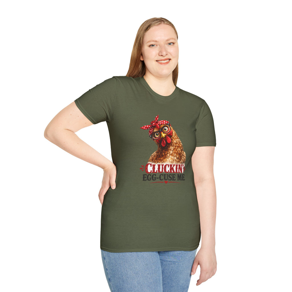 Chicken Graphic T-Shirt — “Cluckin’ Egg-Cuse Me” Vintage Hen Tee