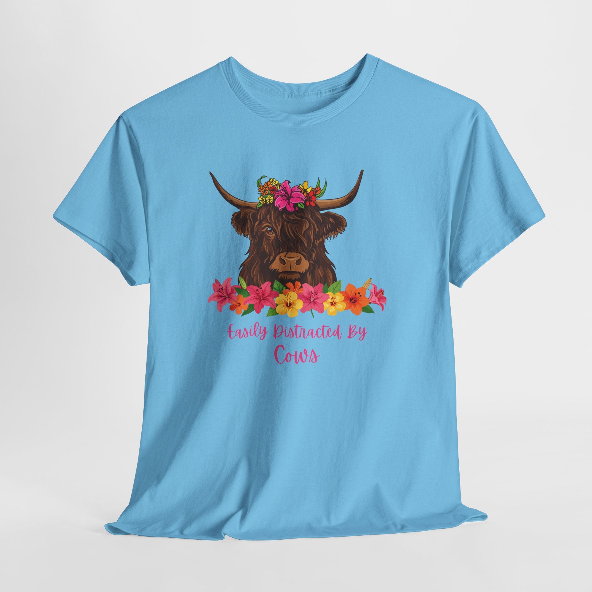 Cow Mom Floral Tee — 'Easily Distracted By Cows' Highland Cow Graphic Shirt