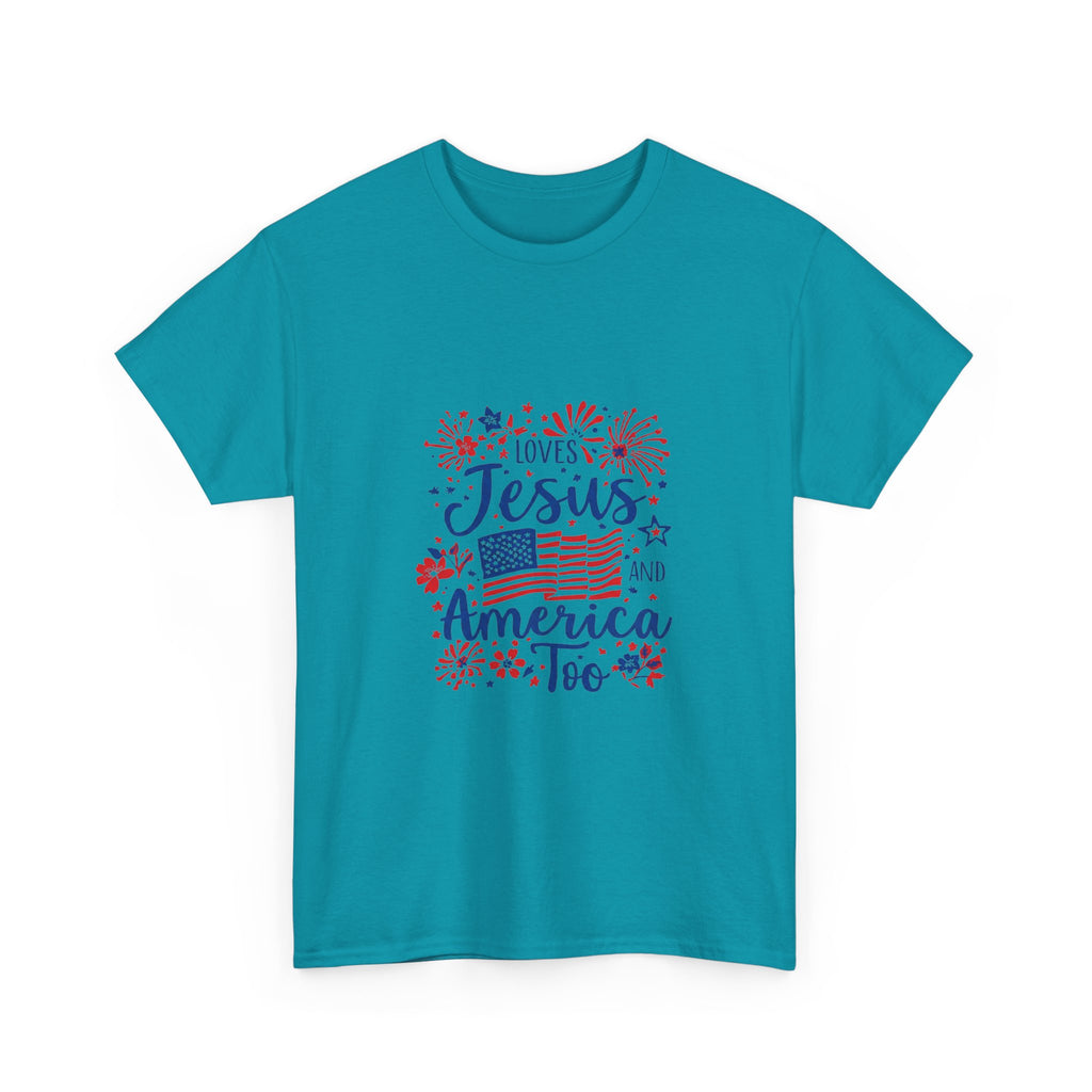 Jesus and America Tee — Patriotic Christian T-Shirt ("Loves Jesus and America Too")