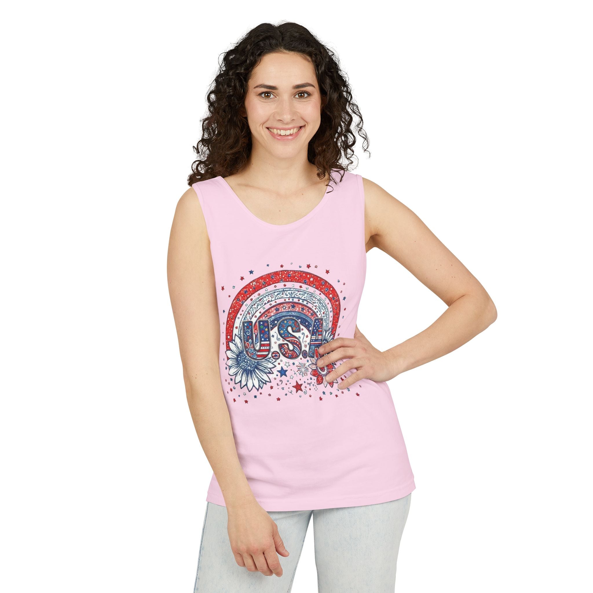 USA Rainbow Floral Tank Top — Patriotic 4th of July Sleeveless Tee