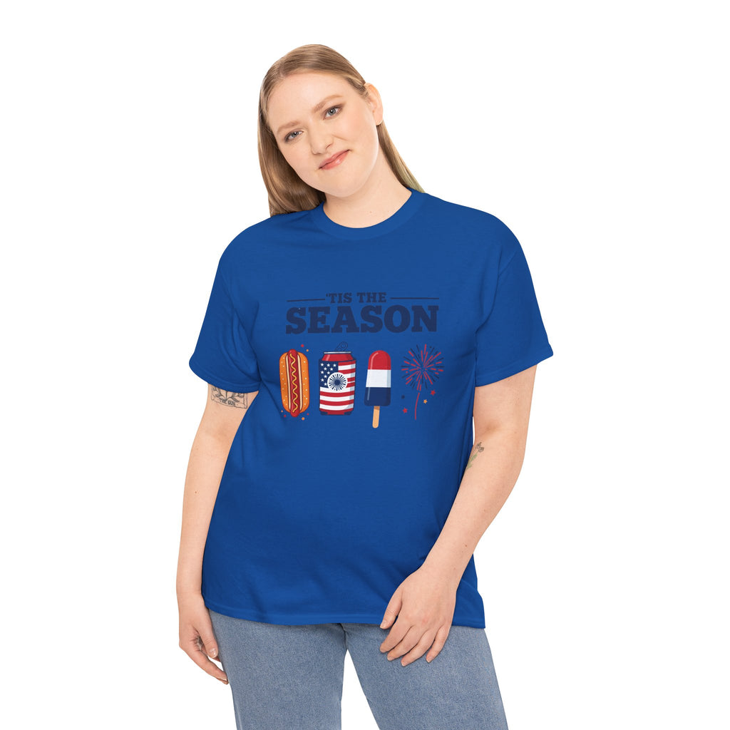 Fourth of July Tee — "'Tis the Season" Patriotic Hot Dog, Popsicle & Fireworks T-Shirt