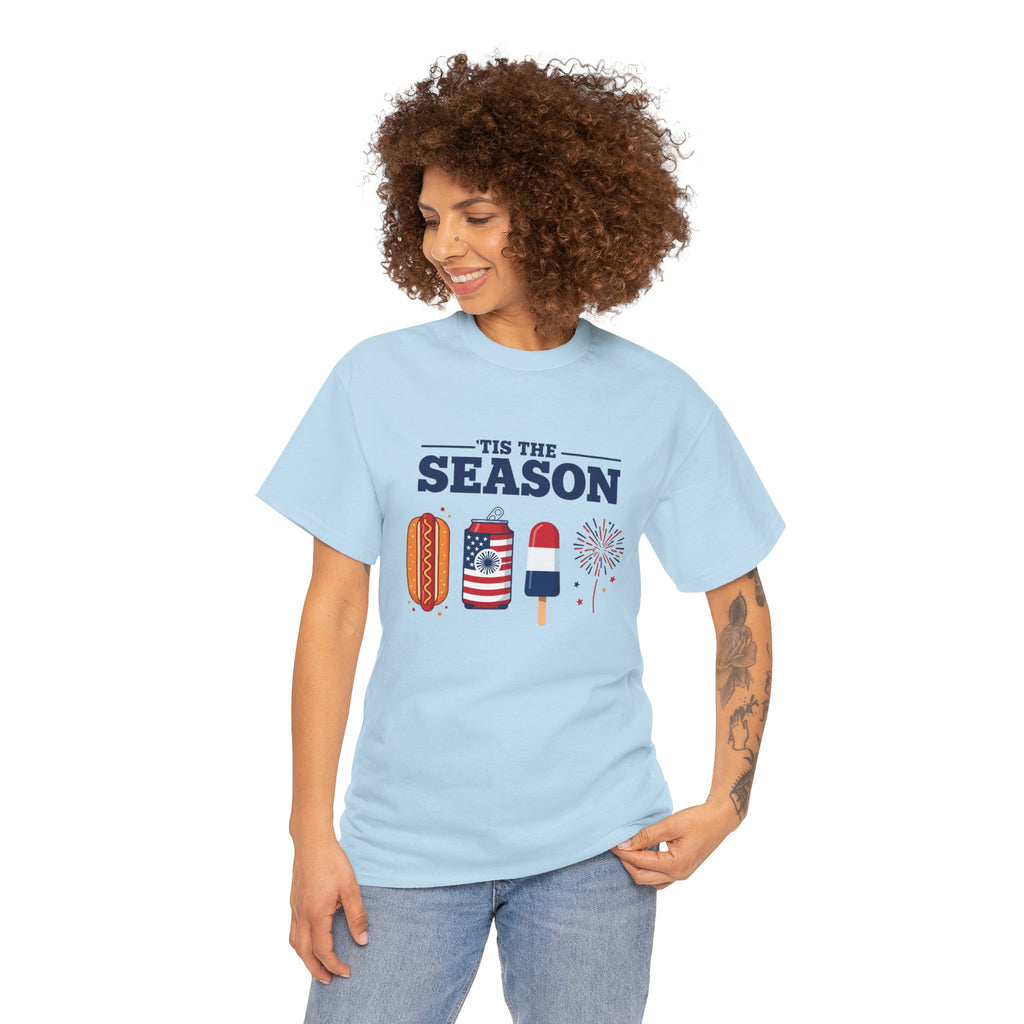 Fourth of July Tee — "'Tis the Season" Patriotic Hot Dog, Popsicle & Fireworks T-Shirt
