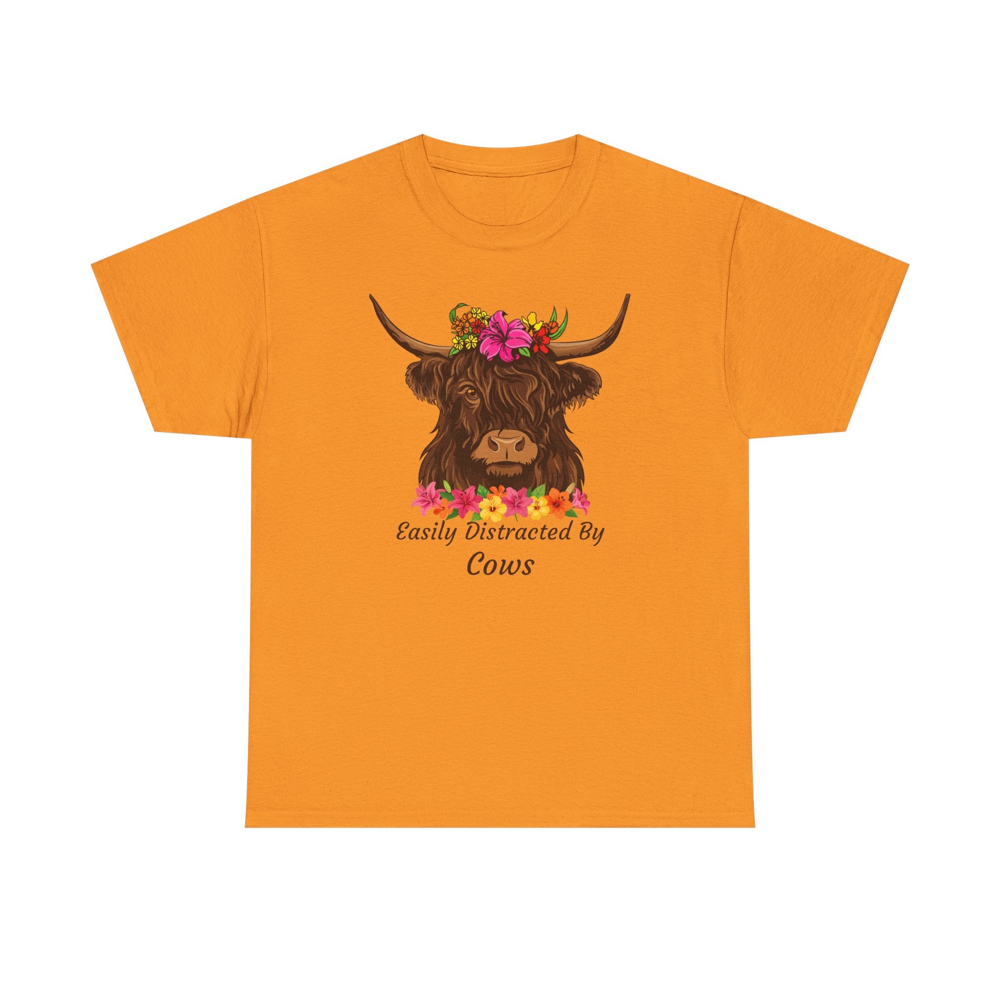 Highland Cow Floral Tee — "Easily Distracted by Cows" Cute Cow Graphic T-Shirt