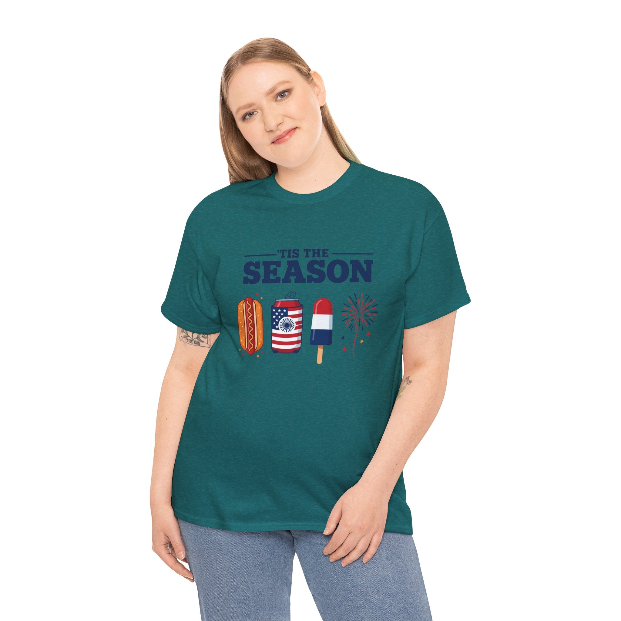 Fourth of July Tee — "'Tis the Season" Patriotic Hot Dog, Popsicle & Fireworks T-Shirt
