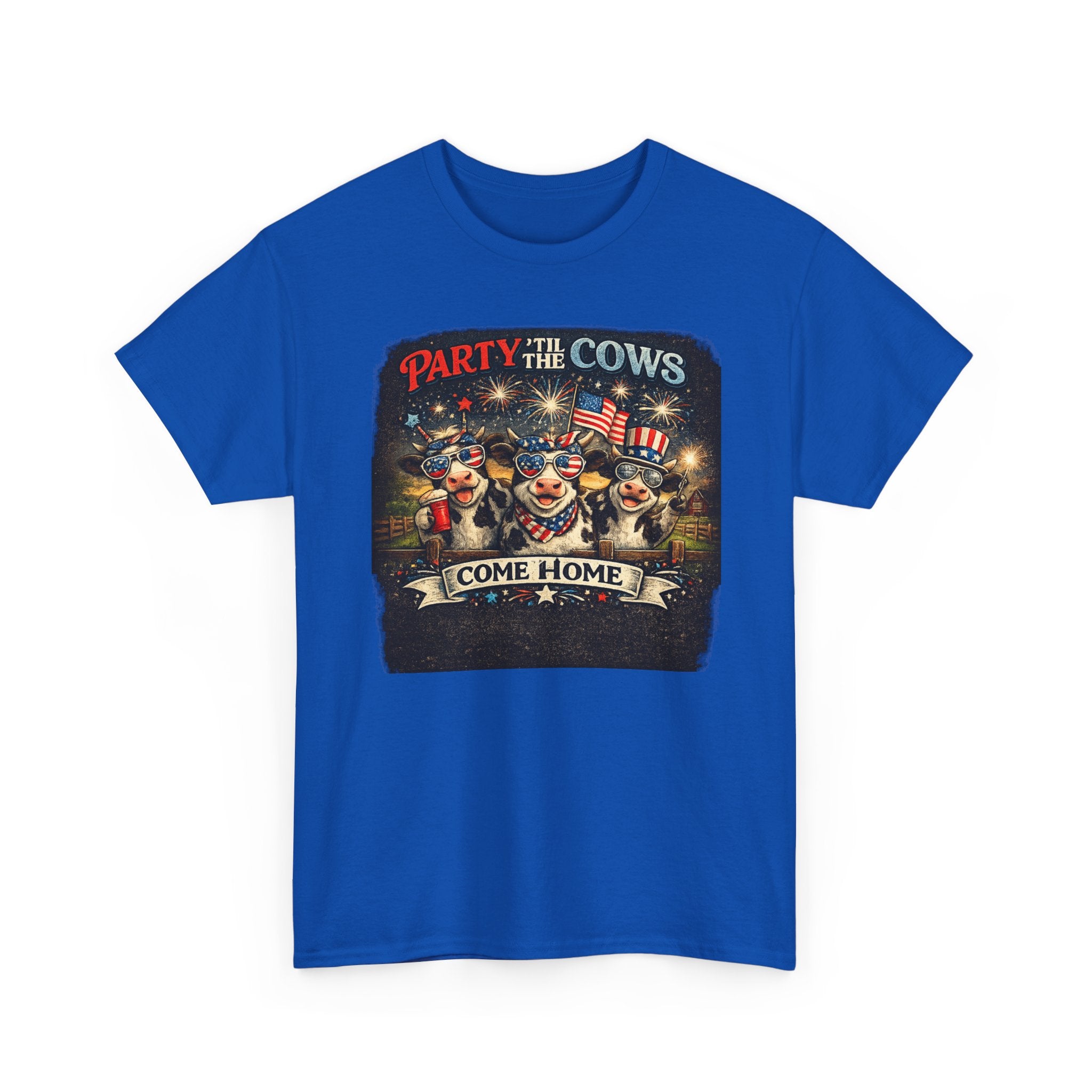 Independence Day 'Party 'Til the Cows Come Home' T-Shirt — Fireworks & Cow Graphic