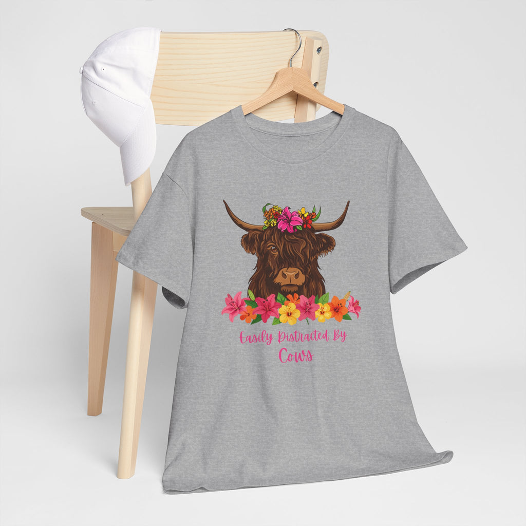 Cow Mom Floral Tee — 'Easily Distracted By Cows' Highland Cow Graphic Shirt