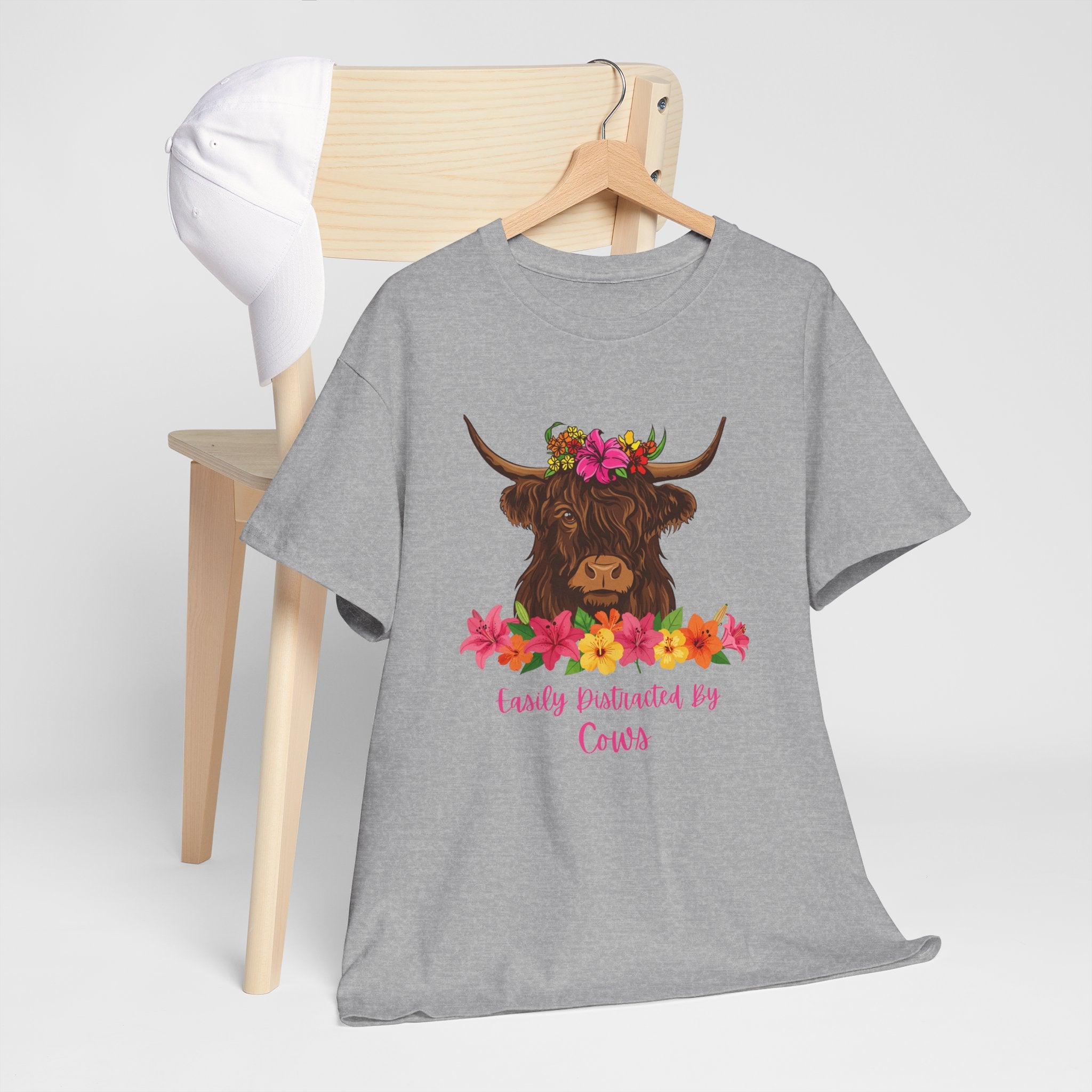 Cow Mom Floral Tee — 'Easily Distracted By Cows' Highland Cow Graphic Shirt