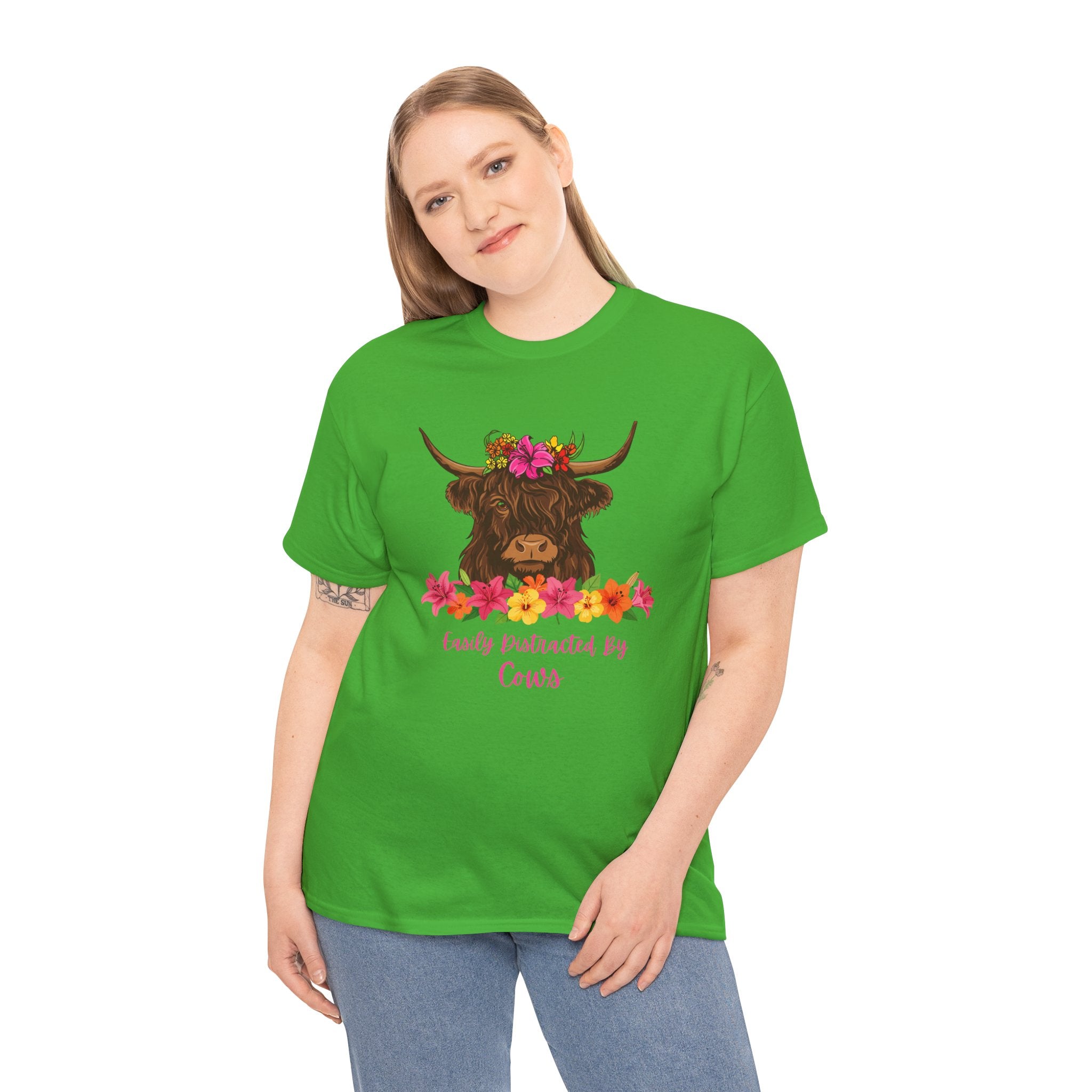 Cow Mom Floral Tee — 'Easily Distracted By Cows' Highland Cow Graphic Shirt