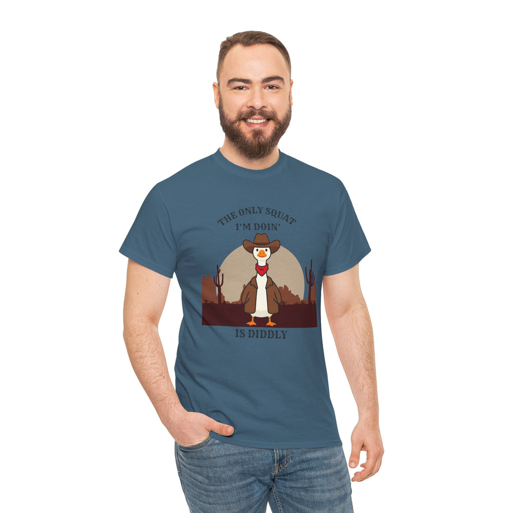 Cowboy Duck Graphic Tee — "The Only Squat I'm Doin' Is Diddly" Cute Western Animal T-Shirt