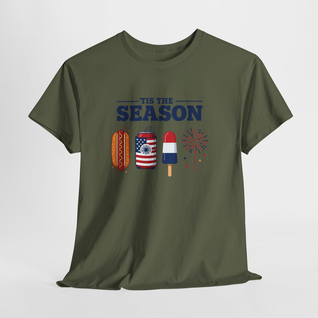 Fourth of July Tee — "'Tis the Season" Patriotic Hot Dog, Popsicle & Fireworks T-Shirt